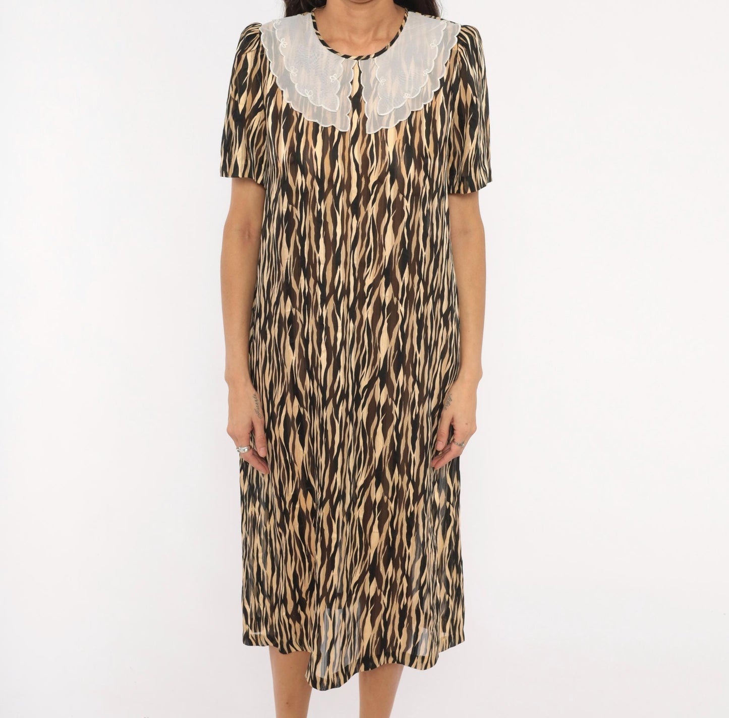 80s Animal Print Shift Dress Peter Pan Collar Tiger Stripe Midi Small