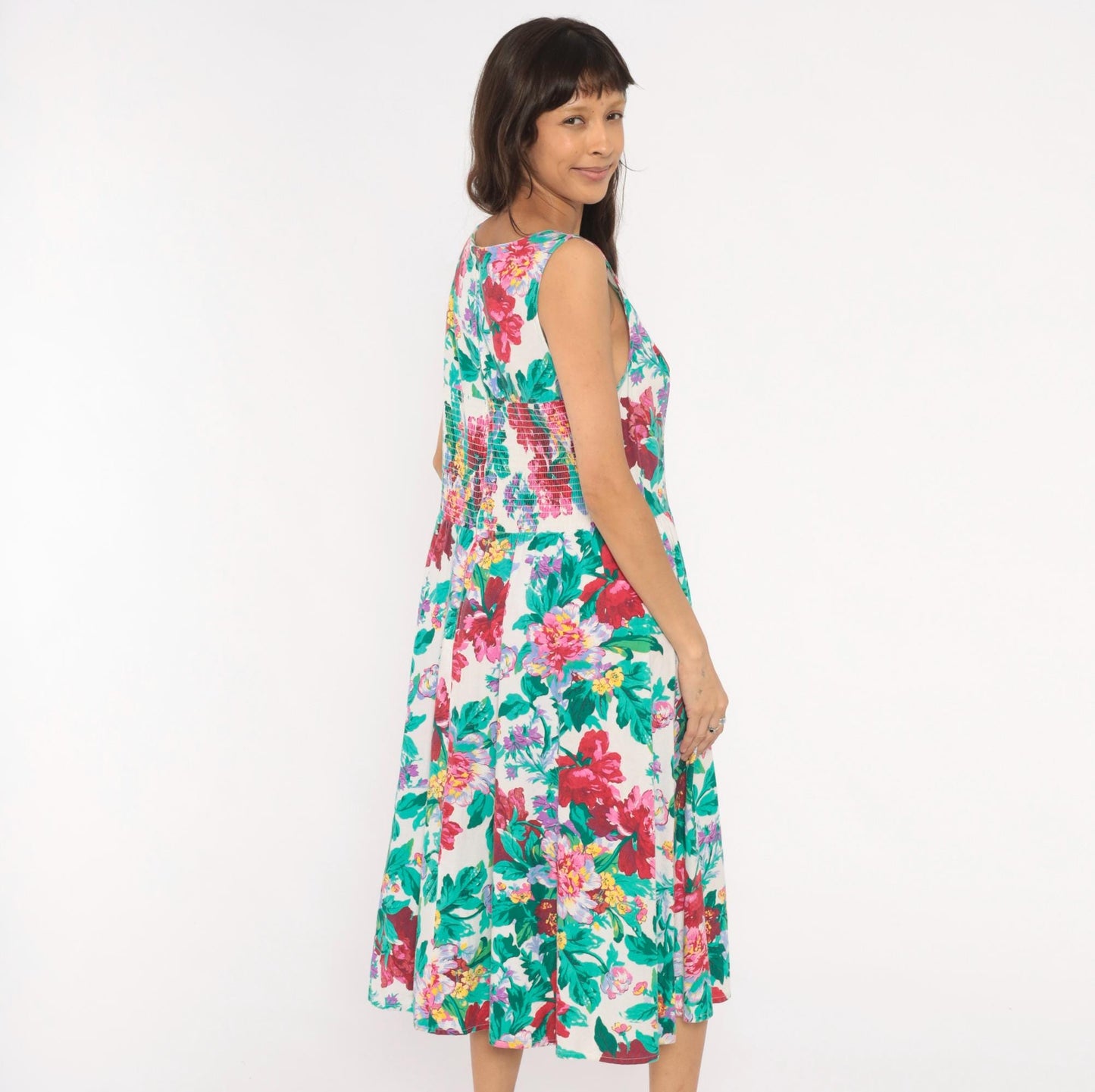 90s Brittany Nicole Floral Midi Sundress Cotton Peony Print Cream Large Petite