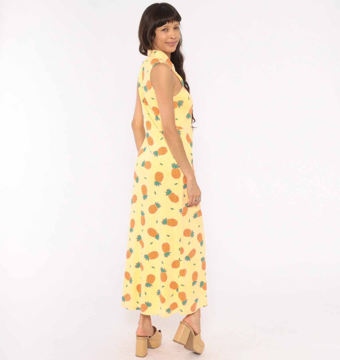 90s Zip Code Pineapple Print Maxi Dress Yellow Cotton Sleeveless Small