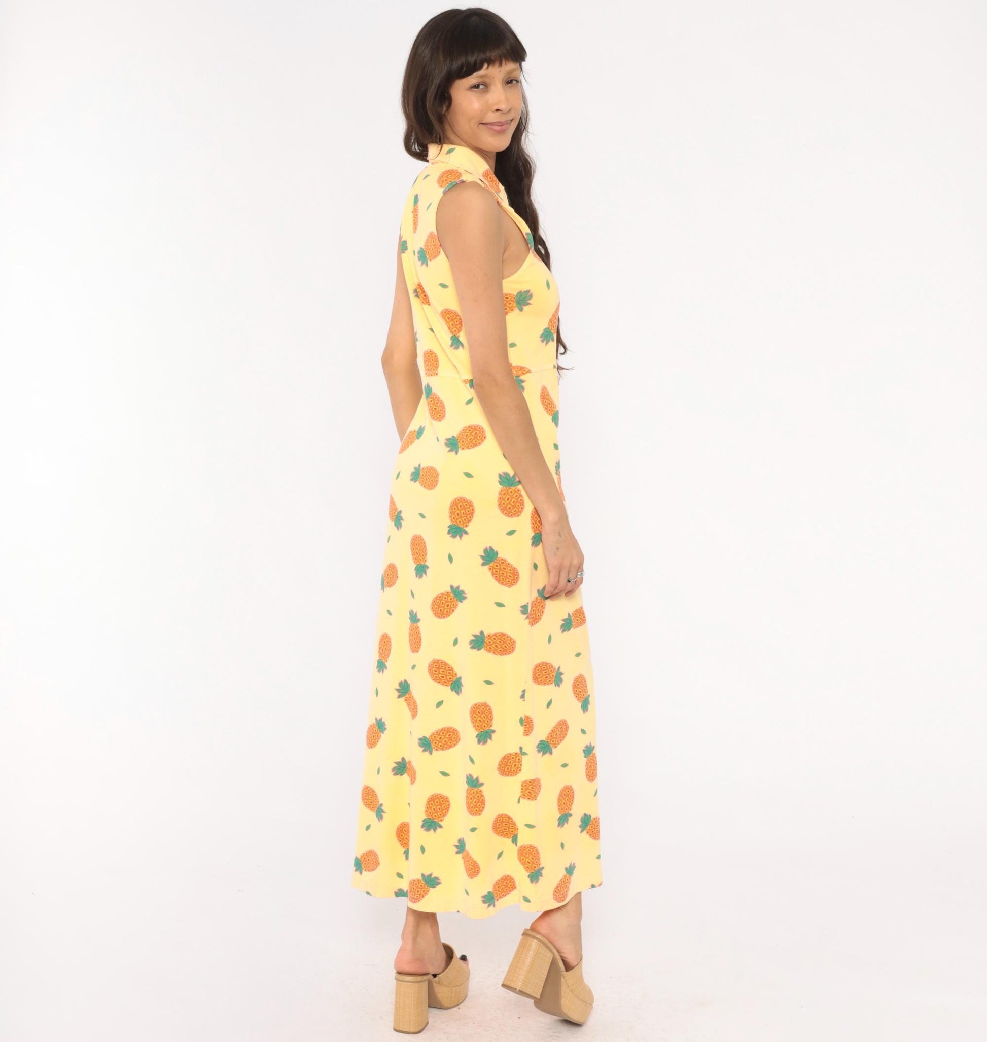 90s Zip Code Pineapple Print Maxi Dress Yellow Cotton Sleeveless Small