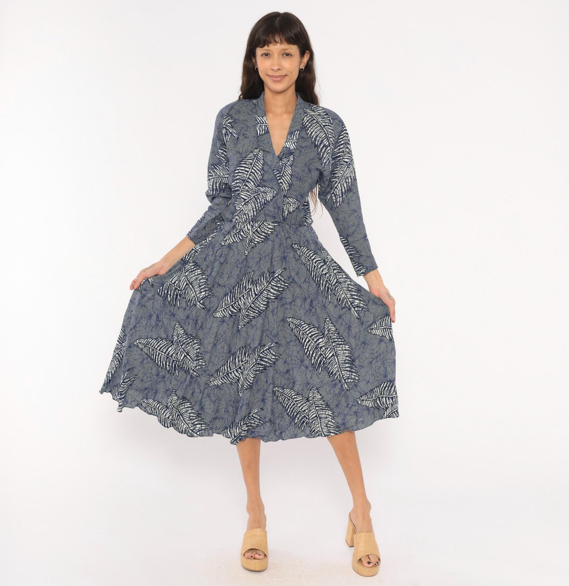 90s Kono Fern Leaf Wrap Dress Cobalt Navy Midi A-Line Small S