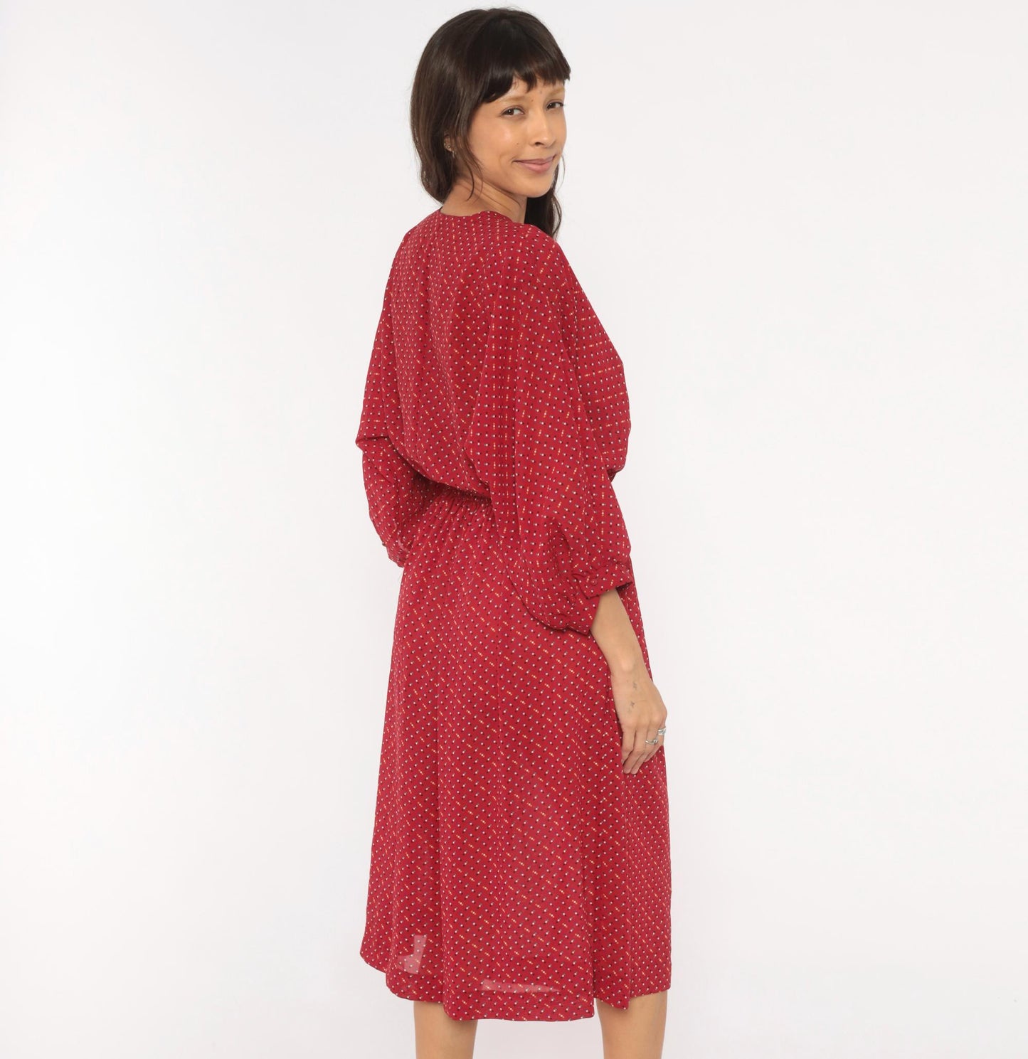 80s Virgo Il Burgundy Wrap Dress Dotted Print Knee-Length V-Neck Extra Large