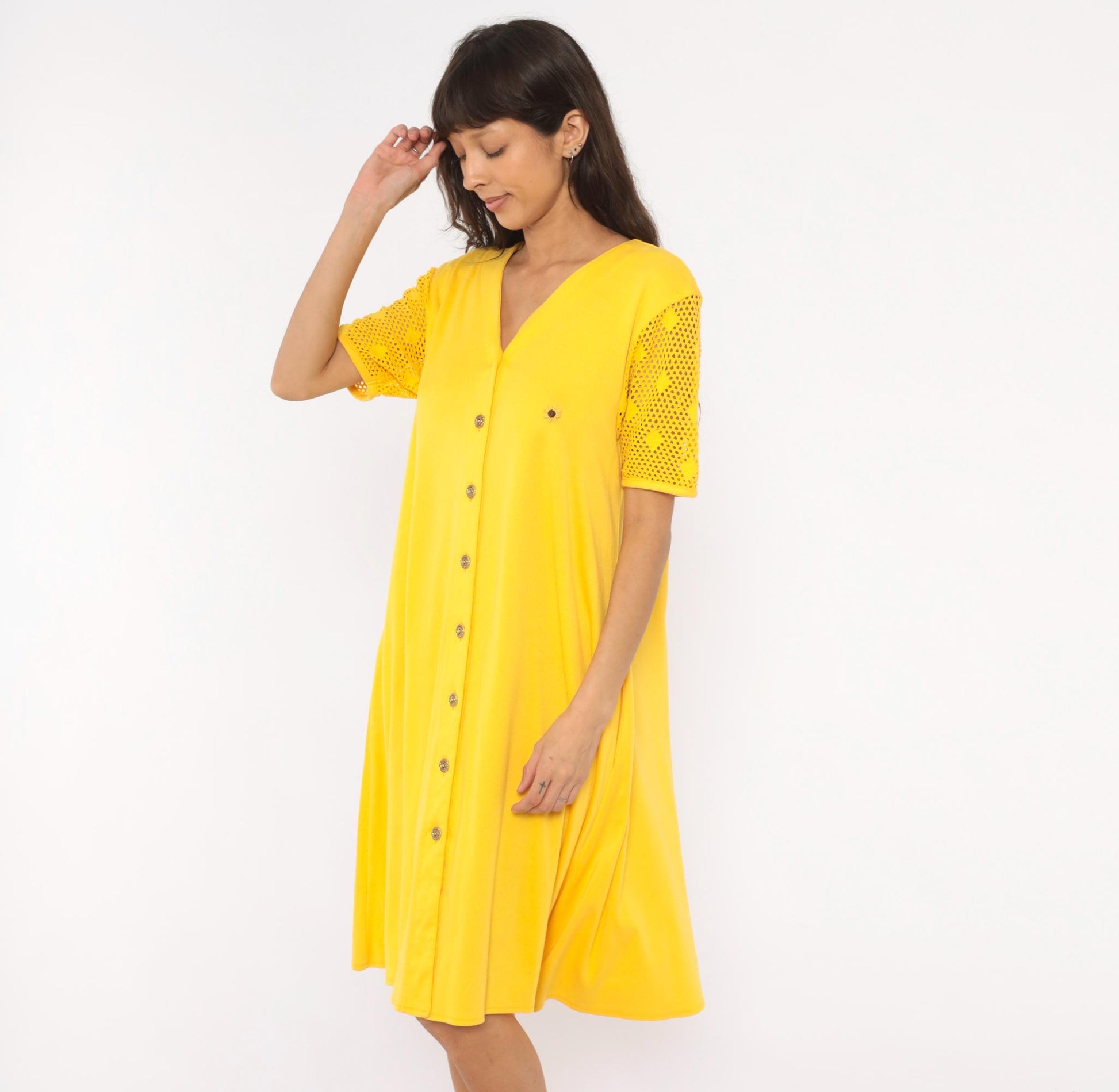 90s Leisure Living Sunflower Embroidered Dress Yellow Cotton Mesh Sleeve Small