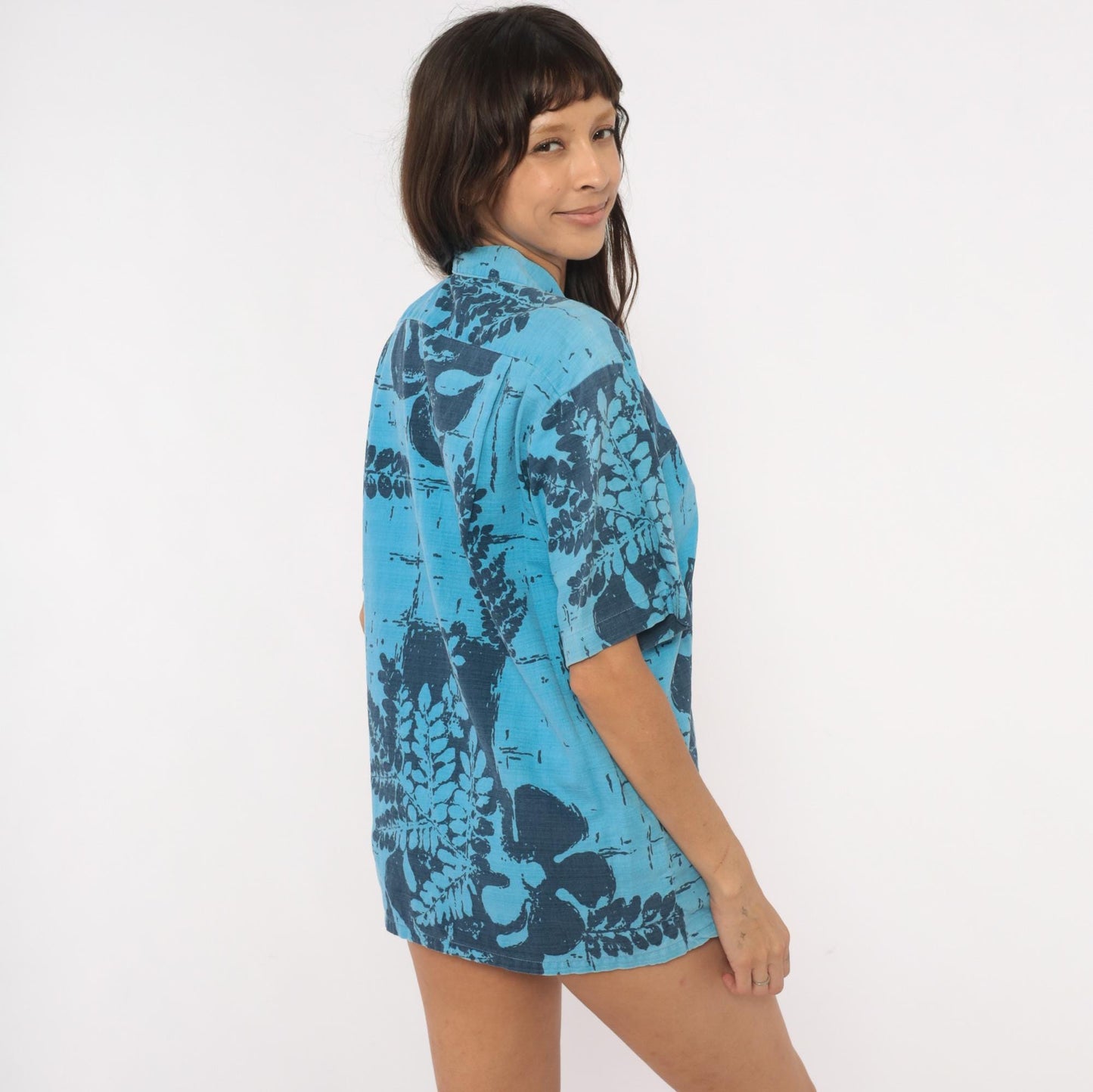 80s Alohawaii Hawaiian Shirt Blue Botanical Fern Cotton Camp Collar Medium
