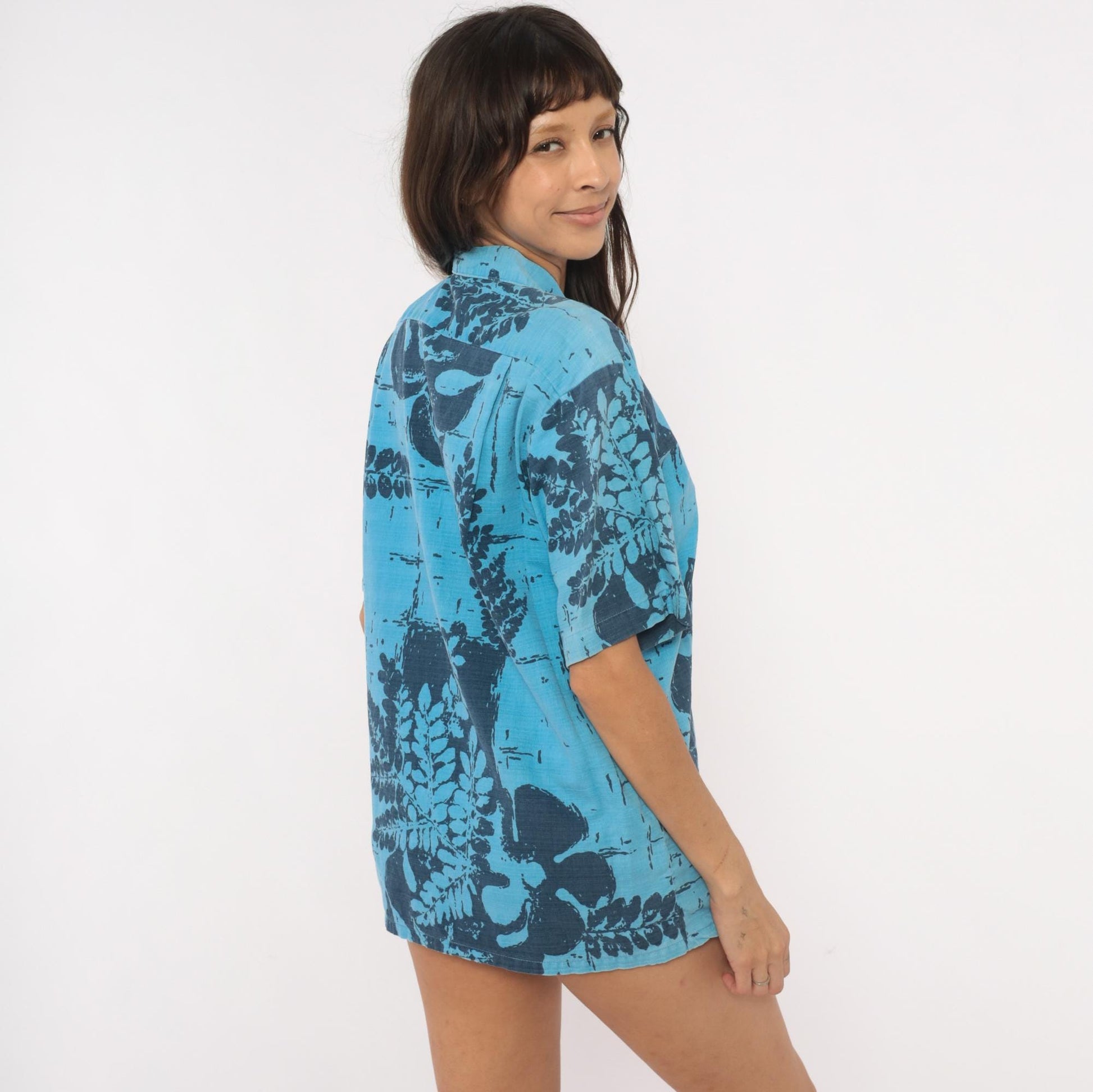 80s Alohawaii Hawaiian Shirt Blue Botanical Fern Cotton Camp Collar Medium