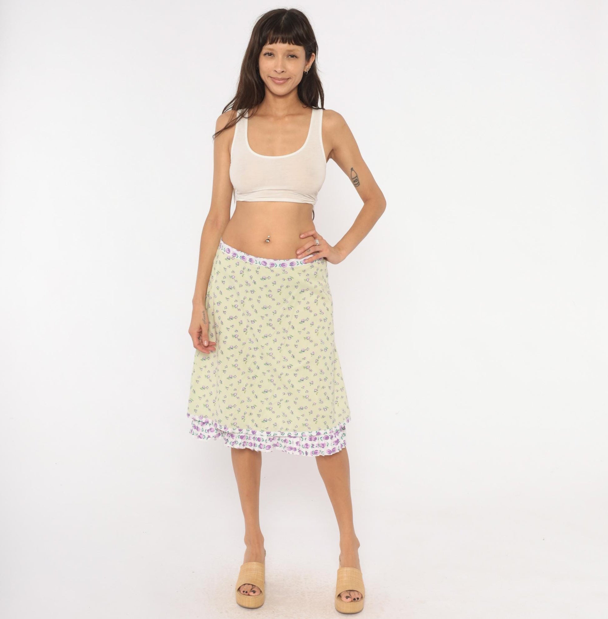 2000s Snak Floral A-Line Skirt Pale Green Purple Rose Print Knee-Length Medium M