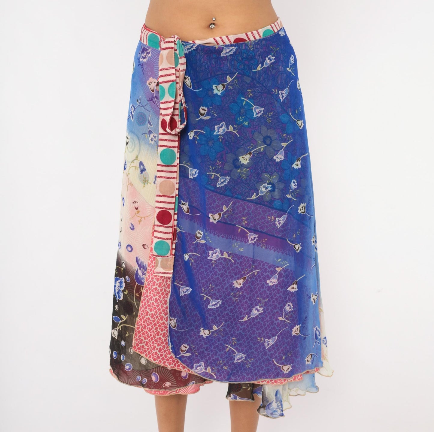 Y2K Kariza Reversible Wrap Midi Skirt Floral Patchwork Blue Pink Medium Large