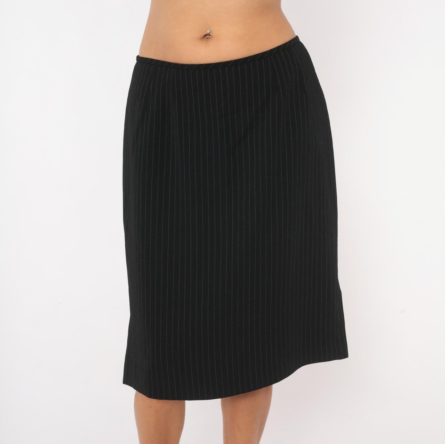 2000s Black Pinstripe A-Line Skirt White Stripe Knee-Length Medium M