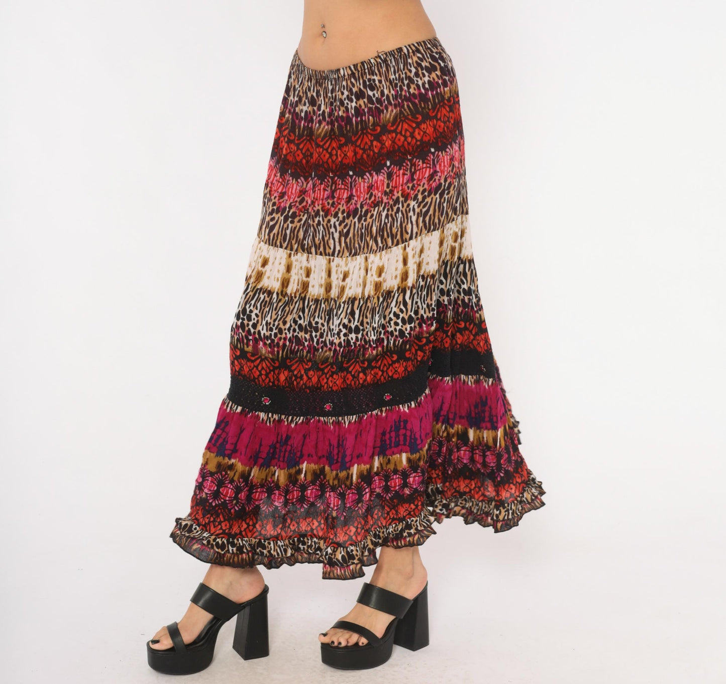 90s Forbidden Animal Print Maxi Skirt Pink Leopard Tiered XL