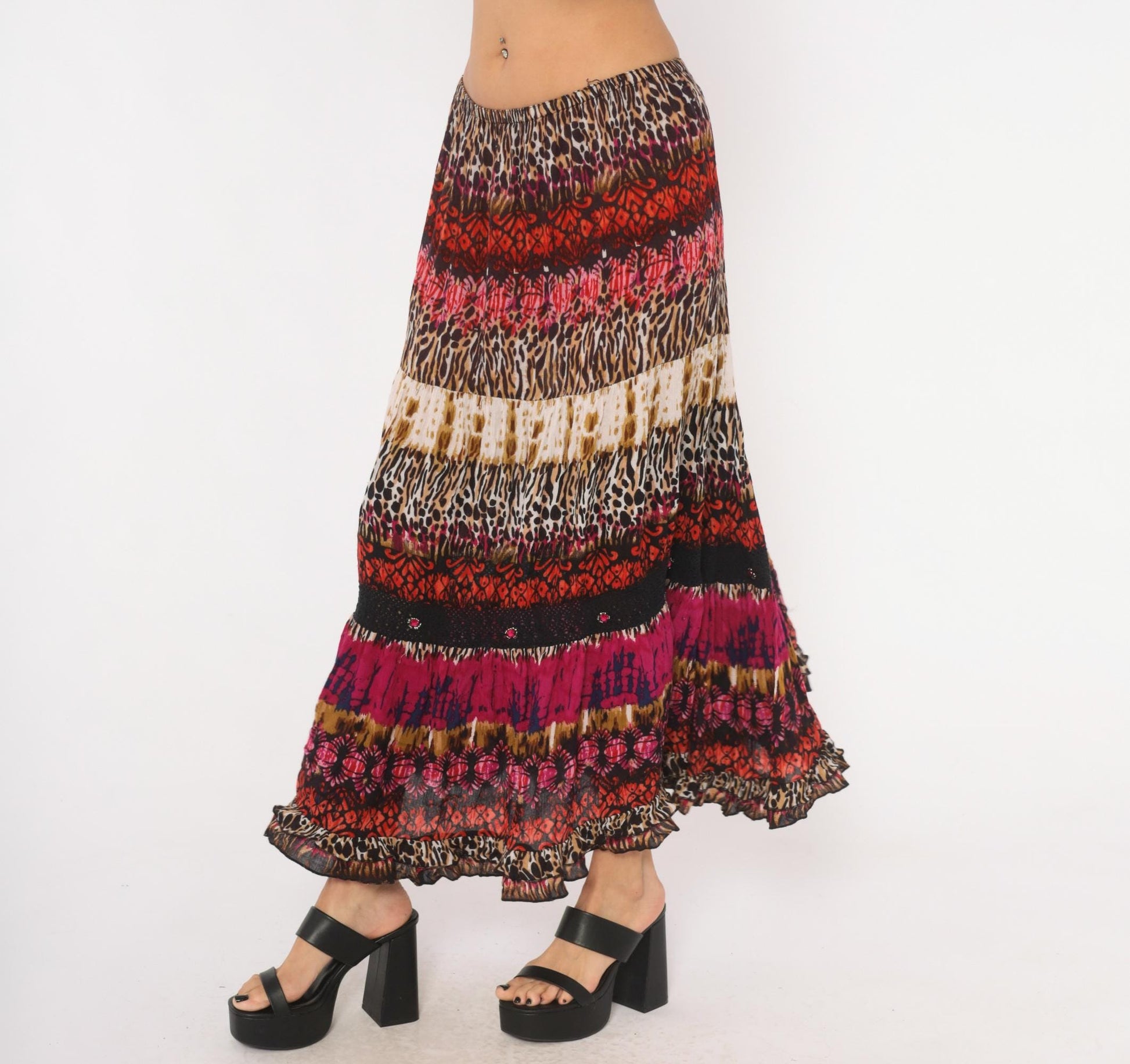 90s Forbidden Animal Print Maxi Skirt Pink Leopard Tiered XL