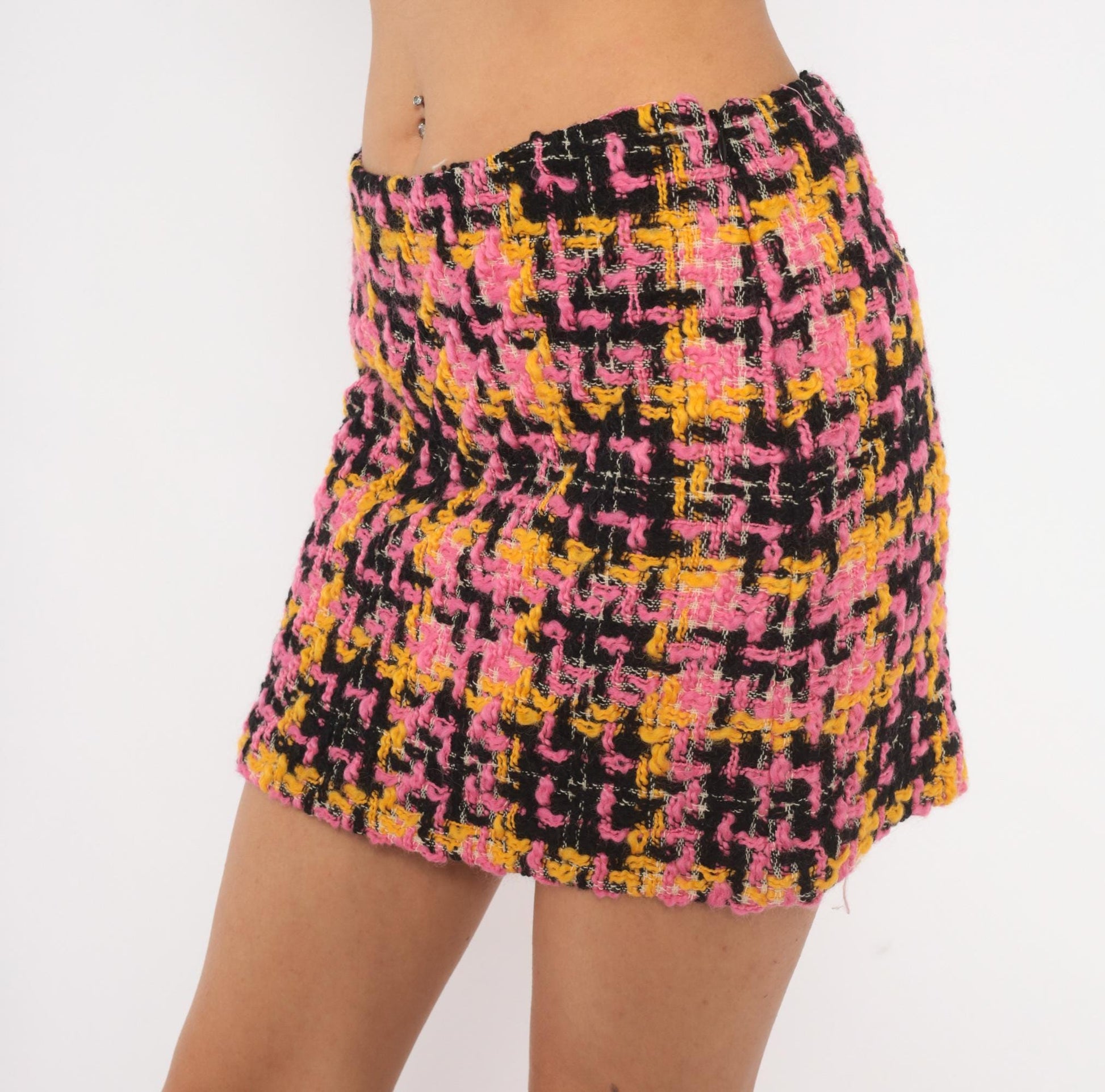 70s Milly Pink Houndstooth Tweed Mini Skirt Wool Plaid Small S