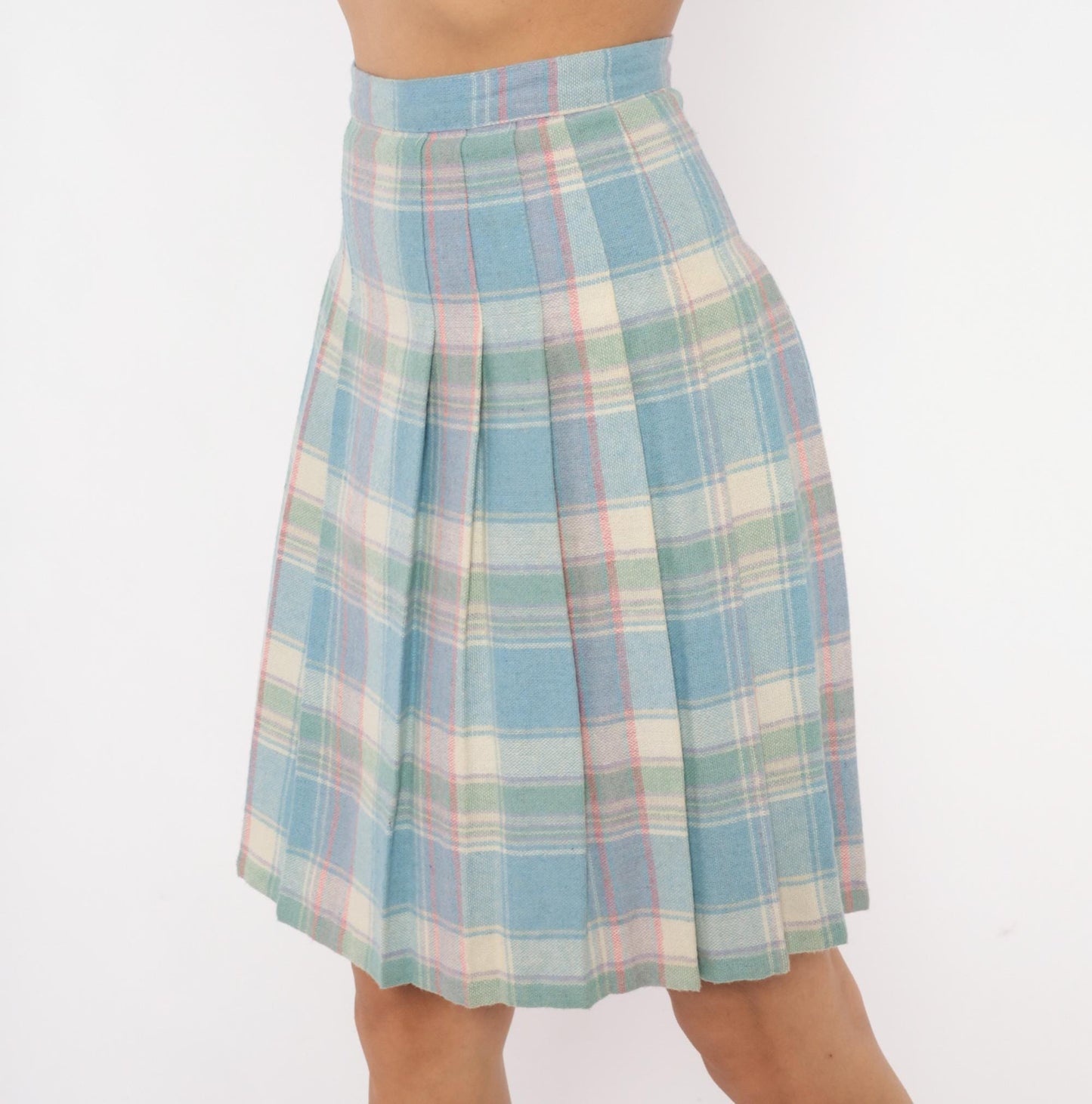 90s Pastel Plaid Pleated Skirt Wool Blend Blue Pink Green Tartan Knee-Length Extra Small