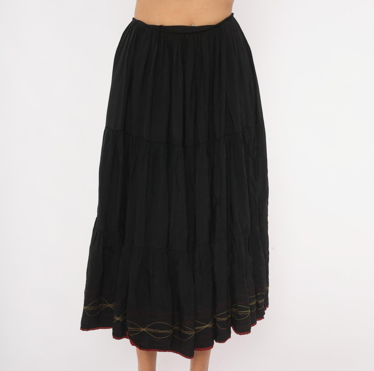 60s Black Tiered Midi Skirt Gold Embroidered Gathered Waist Acetate Extra Small XS