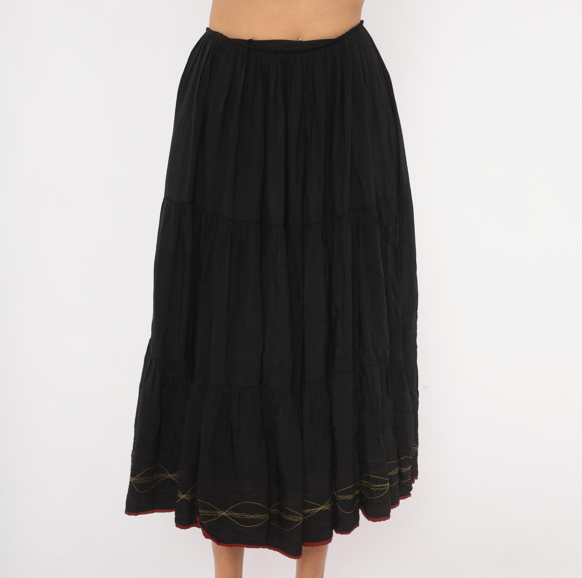 60s Black Tiered Midi Skirt Gold Embroidered Gathered Waist Acetate Extra Small XS