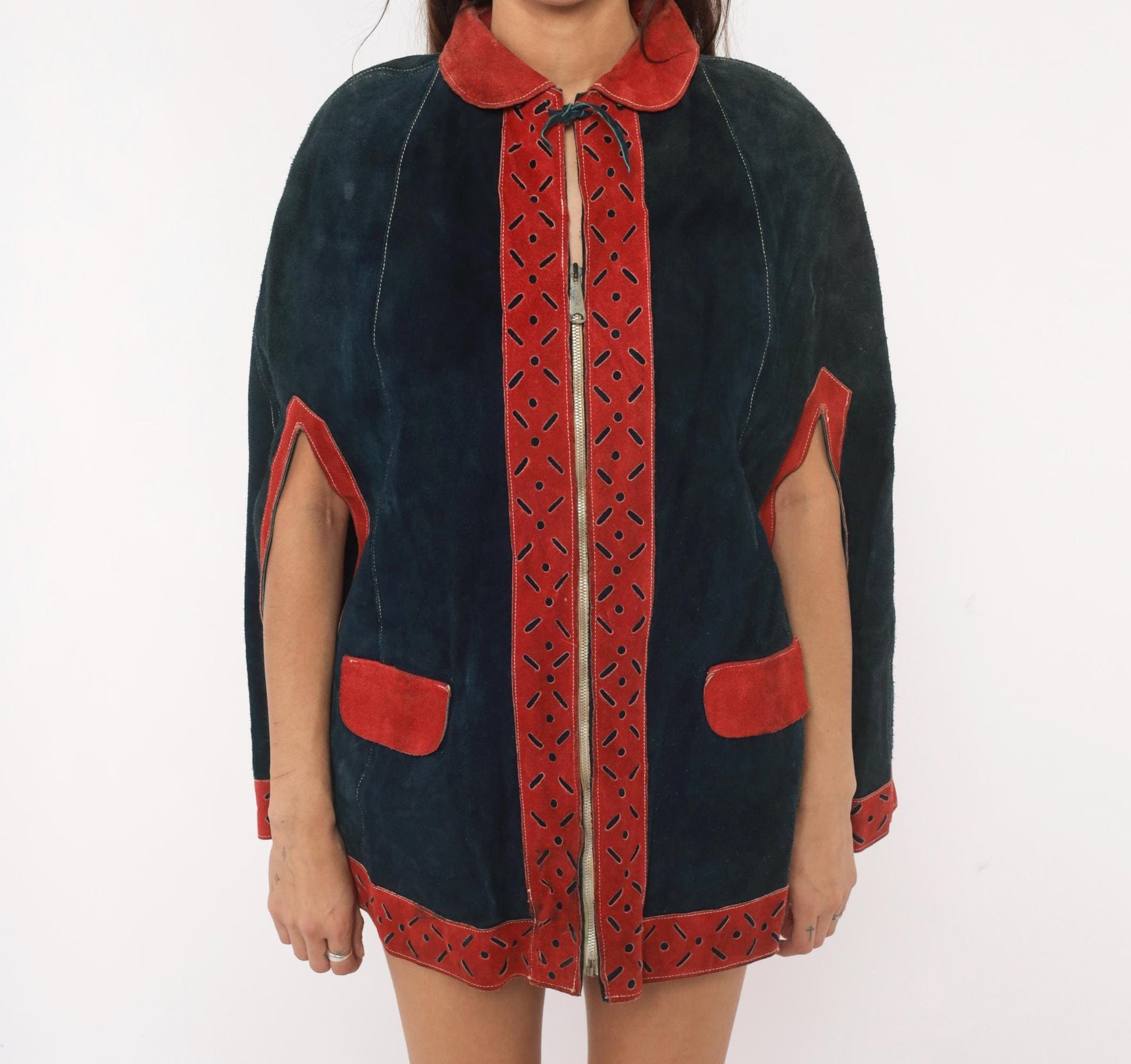 1970s Navy Suede Cape Red Leather Trim Peter Pan Collar Mod Poncho Small