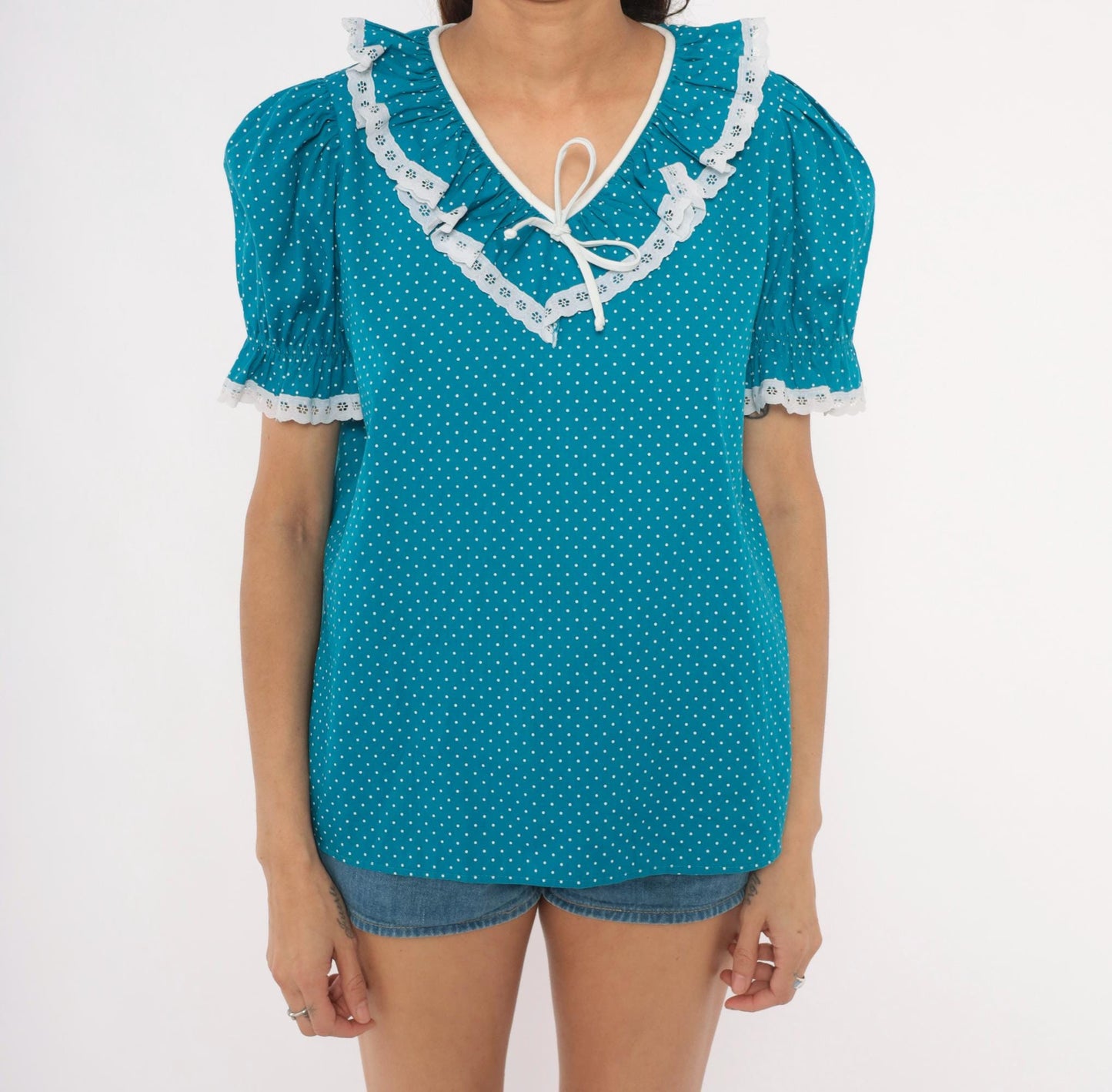 70s Teal Polka Dot Puff Sleeve Blouse Eyelet Lace Trim Cotton Medium