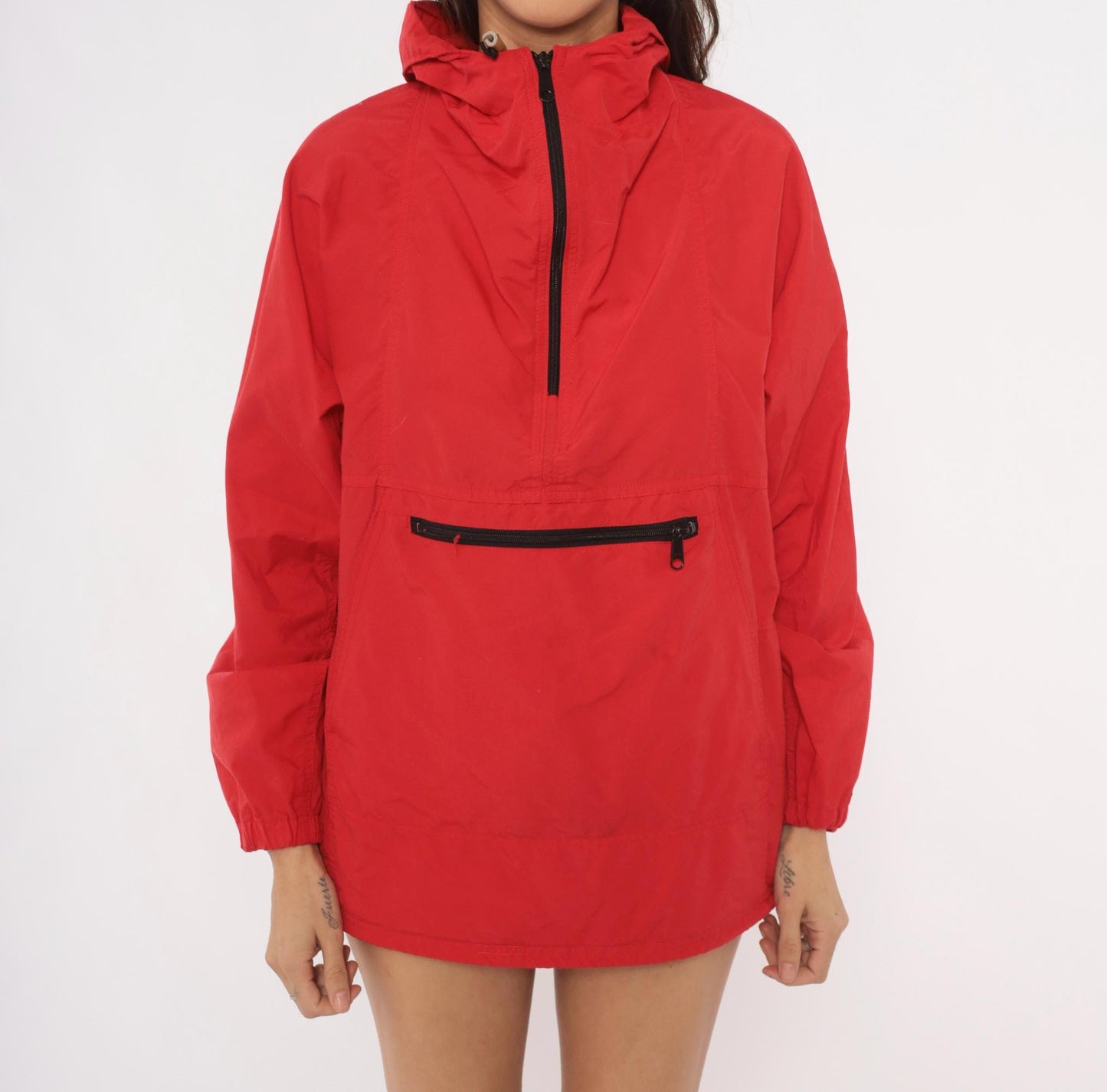 80s L.L.Bean Red Anorak Half-Zip Hooded Windbreaker Medium M