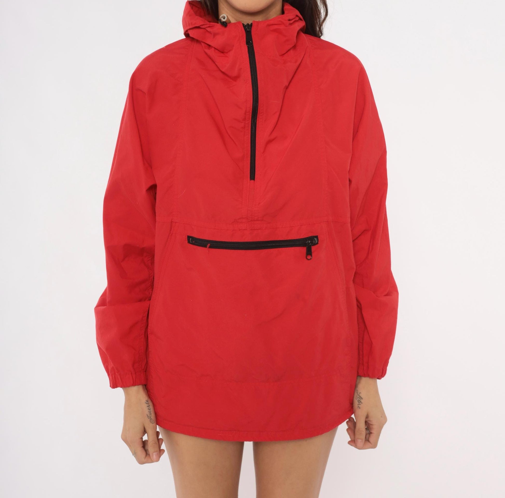 80s L.L.Bean Red Anorak Half-Zip Hooded Windbreaker Medium M