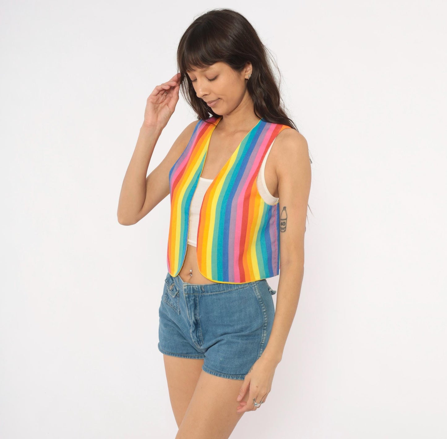 80s Rainbow Stripe Cotton Vest Reversible Yellow Lined Cropped Waistcoat Small