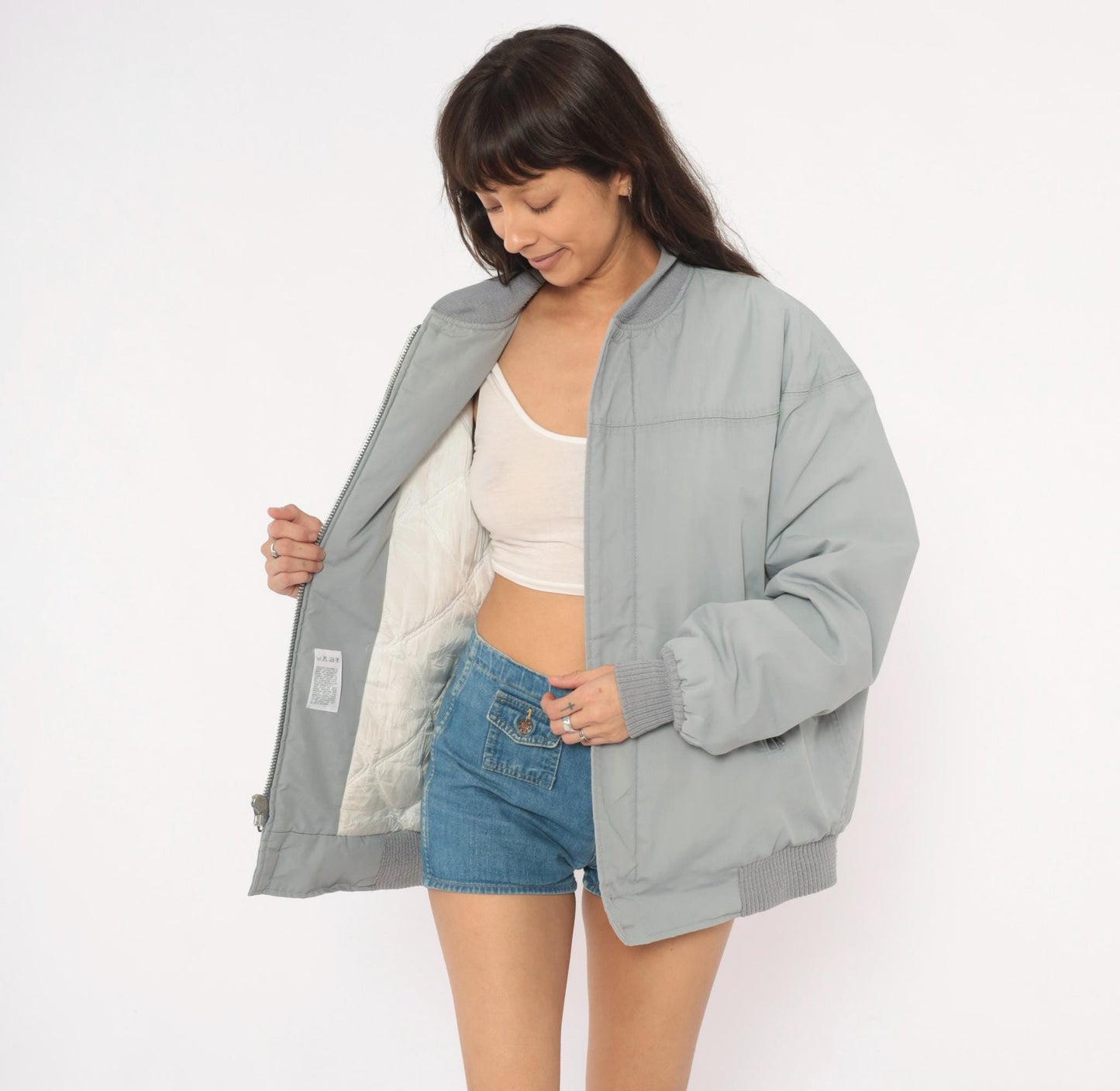 80s Catalina Varsity Bomber Jacket Grey Cotton Knit Collar Medium