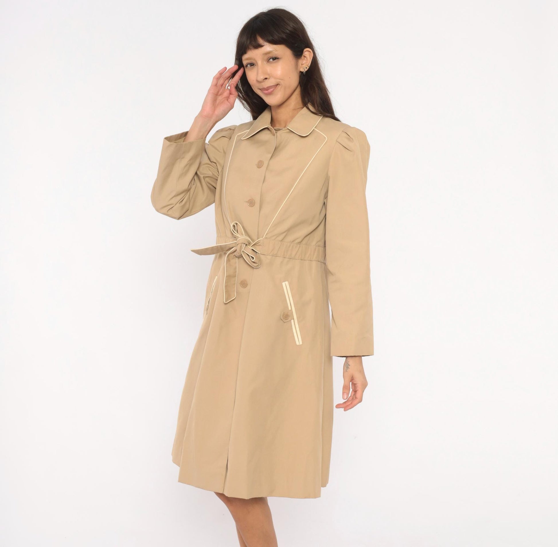 80s Windy Weather Tan Trench Coat Puff Sleeve Knee-Length Medium M