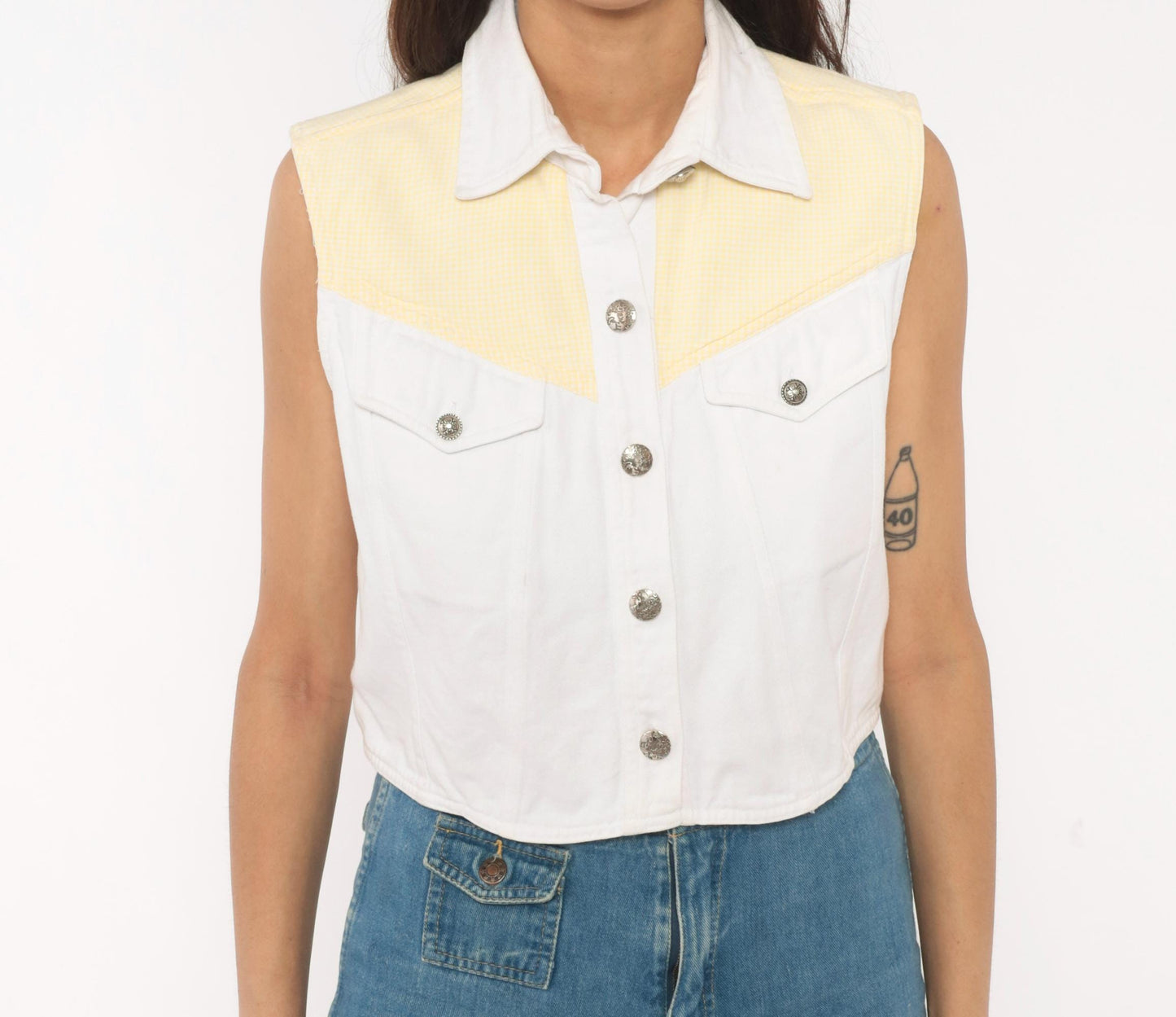 90s Ozark Western Crop Vest White Yellow Gingham Cotton Concho Medium M