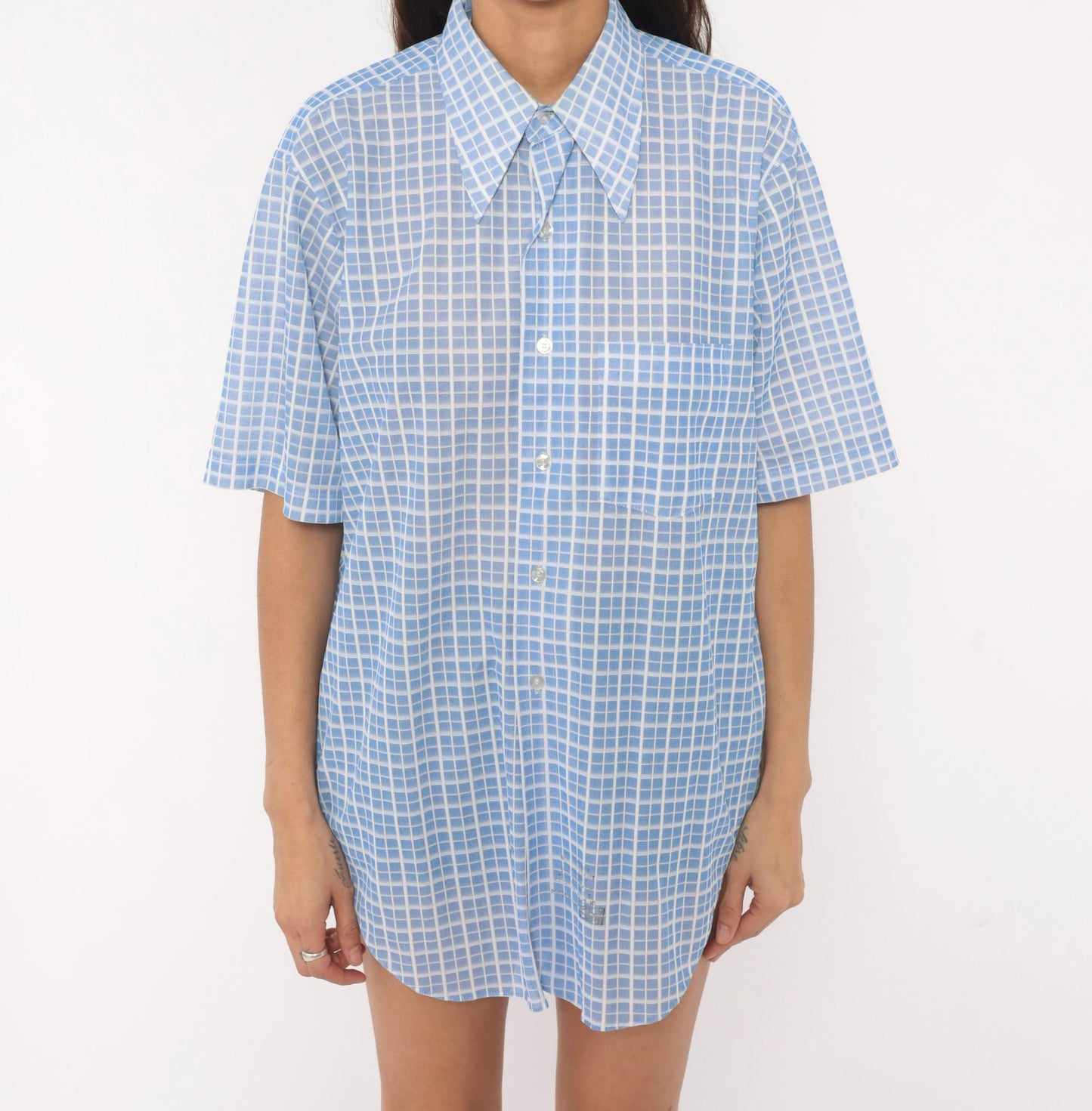 70s Dectolene Blue Windowpane Grid Check Shirt Pointed Collar Extra Large