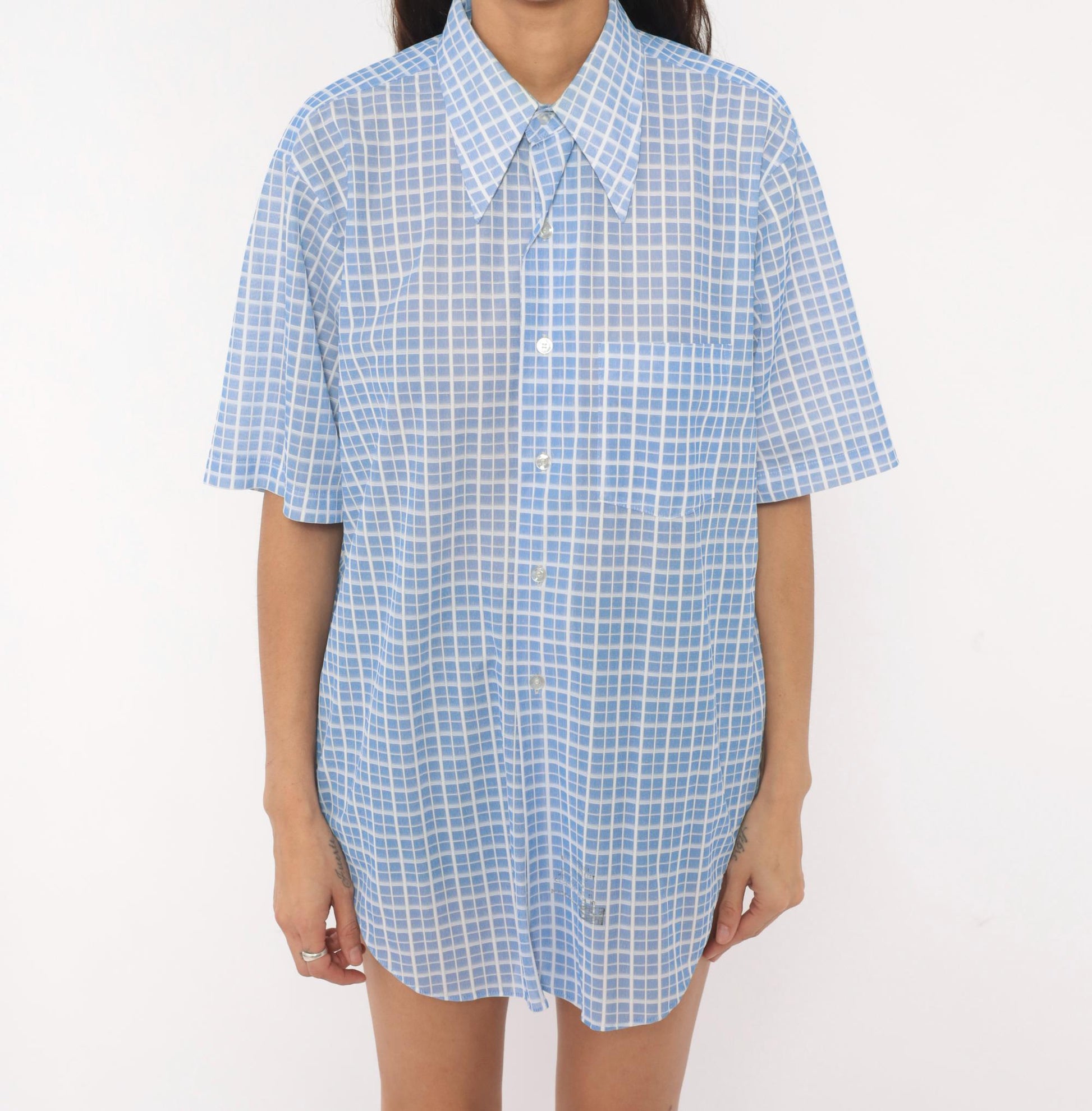 70s Dectolene Blue Windowpane Grid Check Shirt Pointed Collar Extra Large