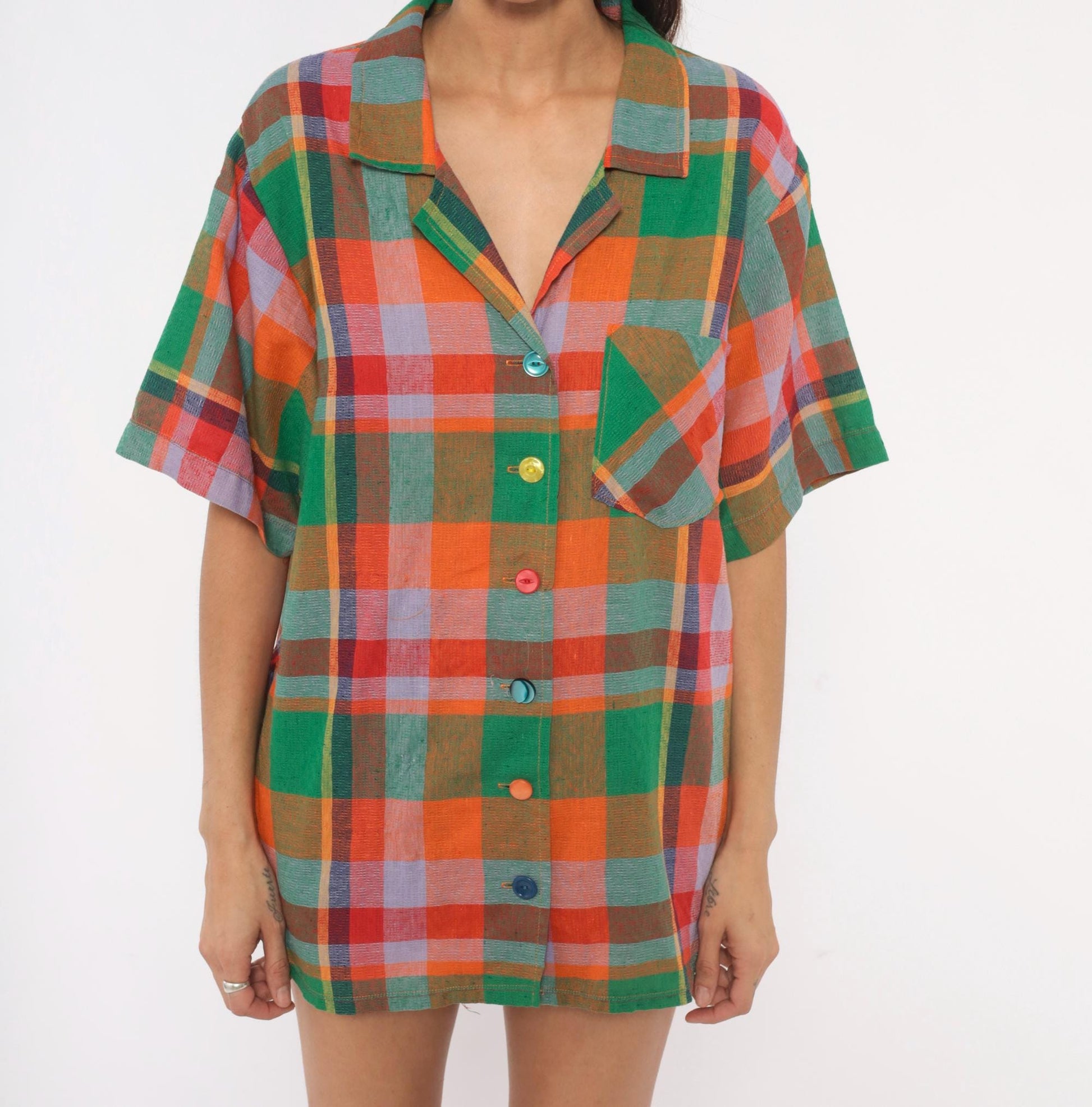 80s Rainbow Plaid Camp Shirt Cotton Button Front Blouse Large L