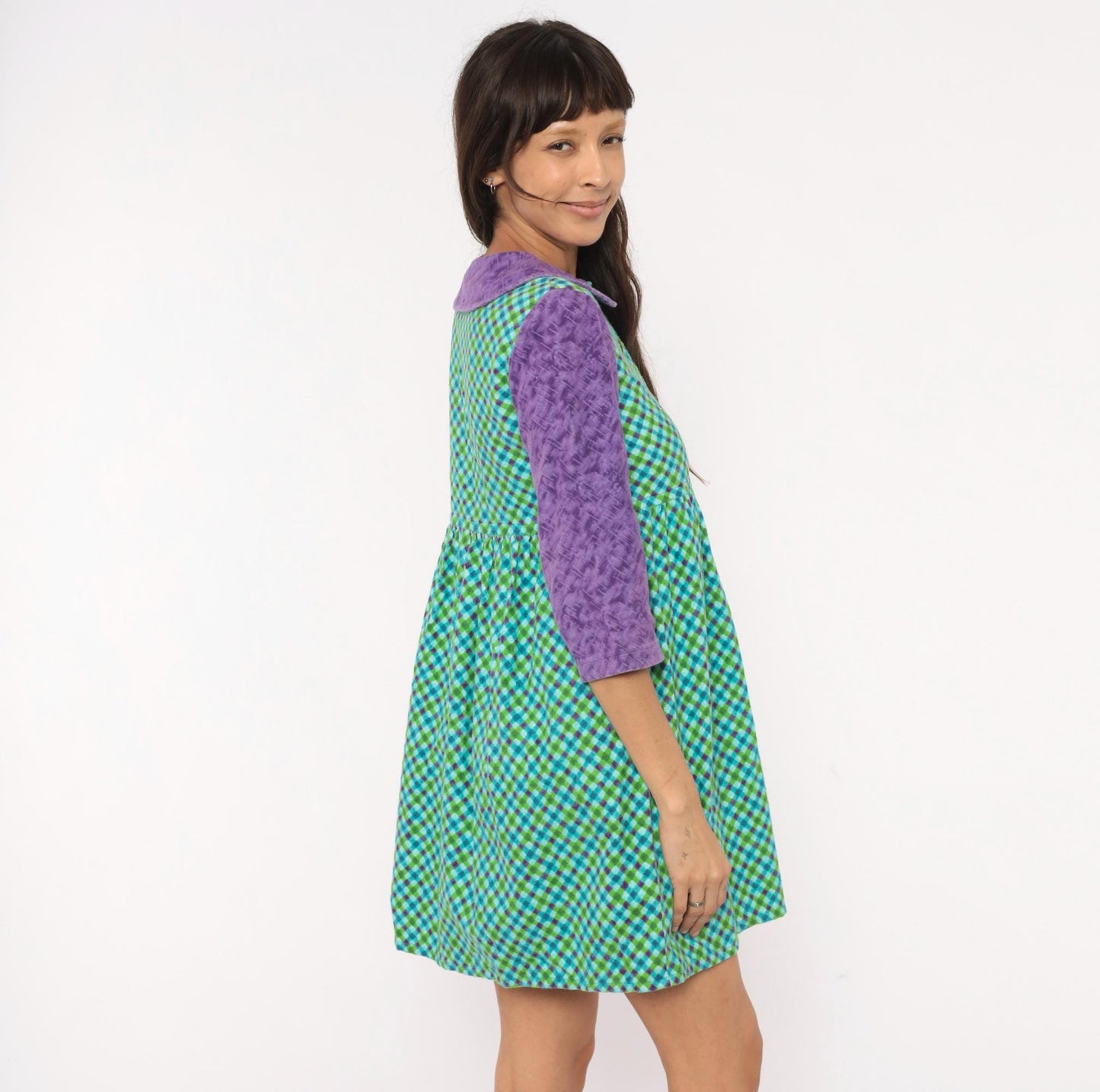 60s Babydoll Dress Purple Green Blue Gingham Peter Pan Collar Mini XS