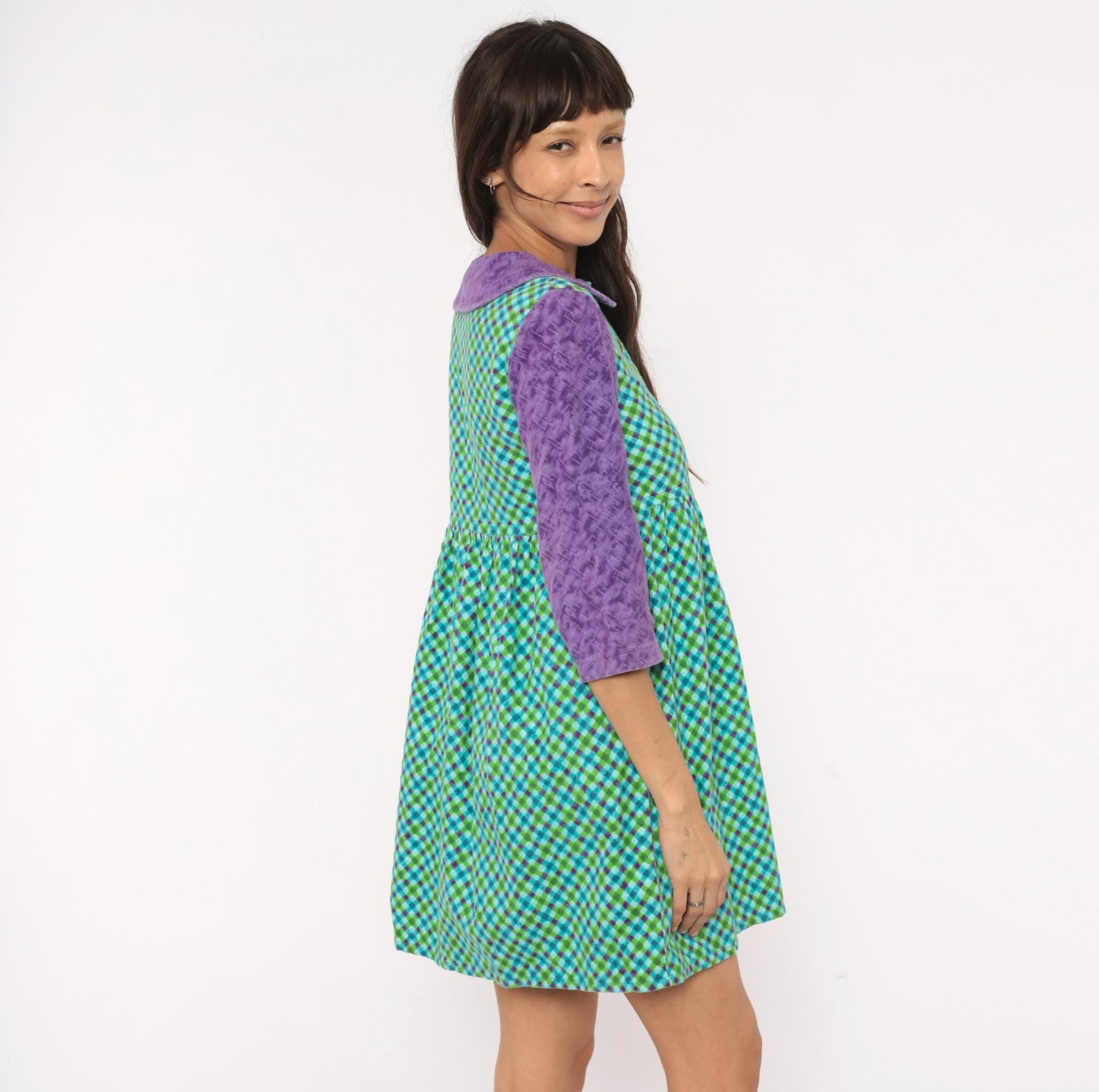 60s Babydoll Dress Purple Green Blue Gingham Peter Pan Collar Mini XS