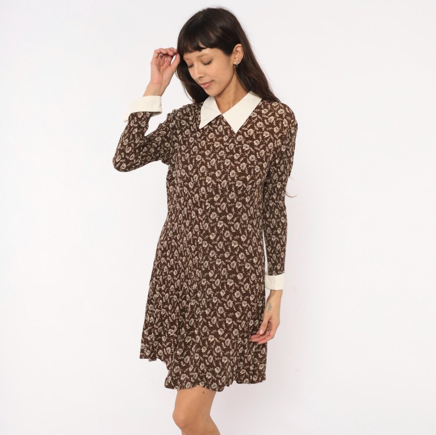 90s Karin Stevens Floral Dress Brown Cream Pointed Collar Knee-Length Large L