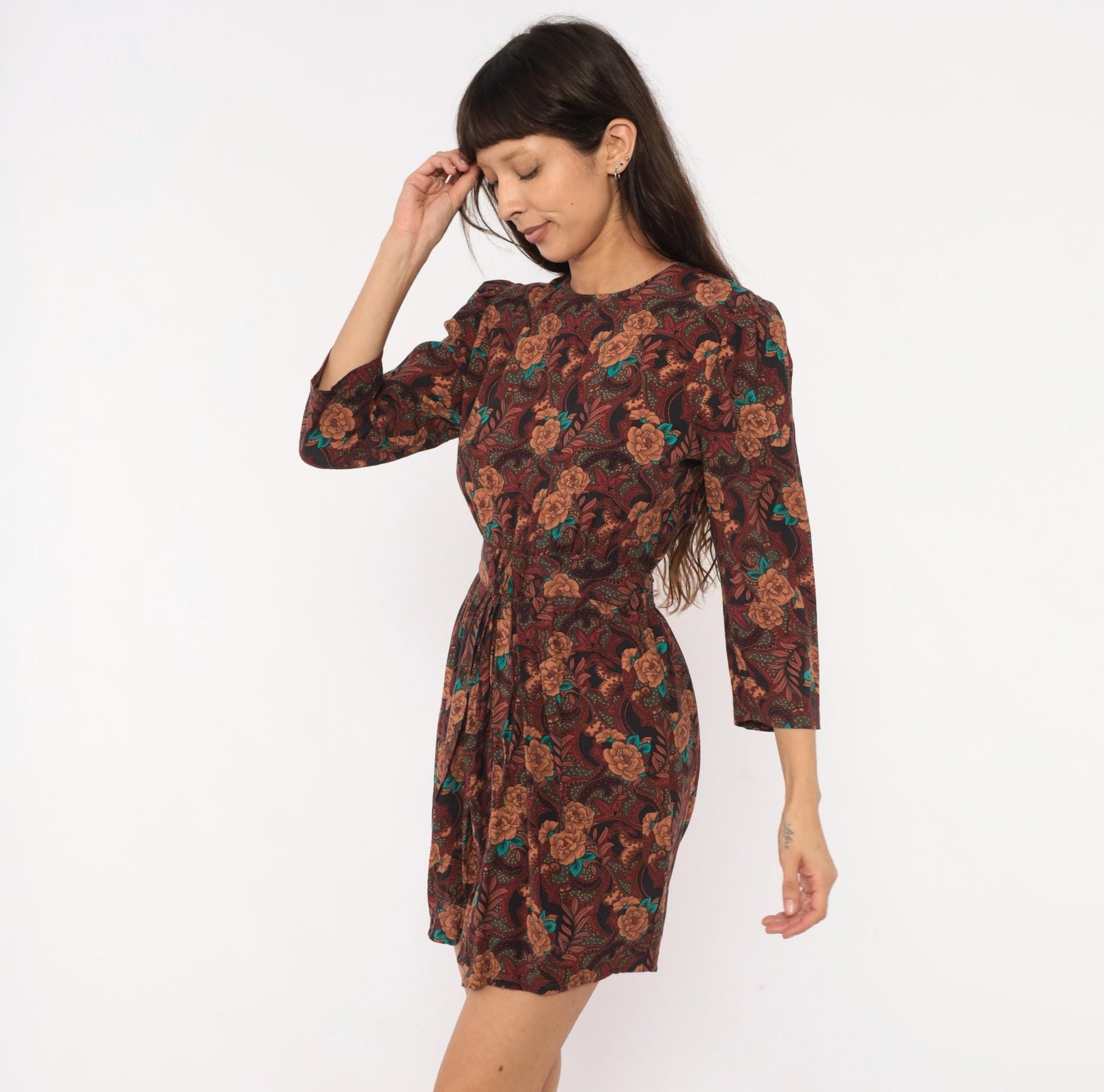 80s Karin Stevens Burgundy Floral Mini Dress Open Back Three Quarter Sleeve Medium