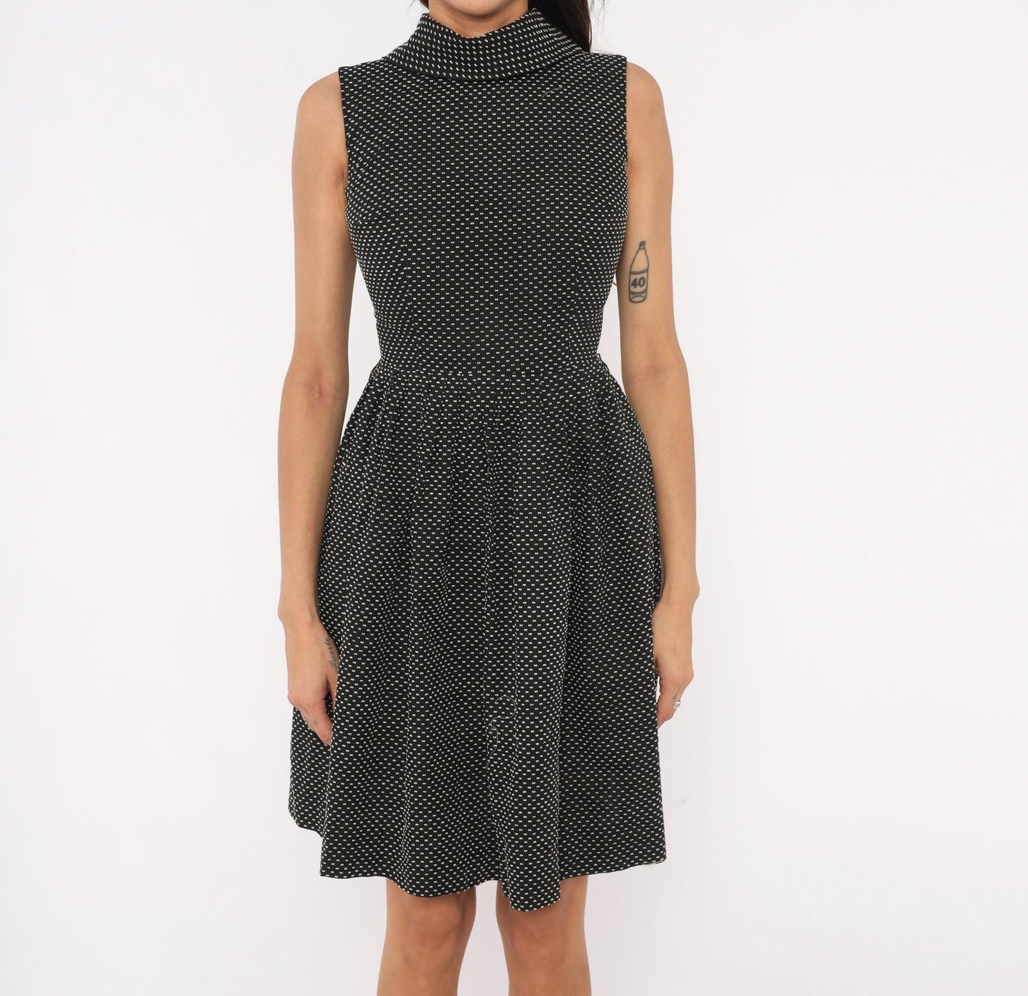60s Mod Mini Dress Black White Polka Dot Mock Neck Fit Flare Cotton Extra Small