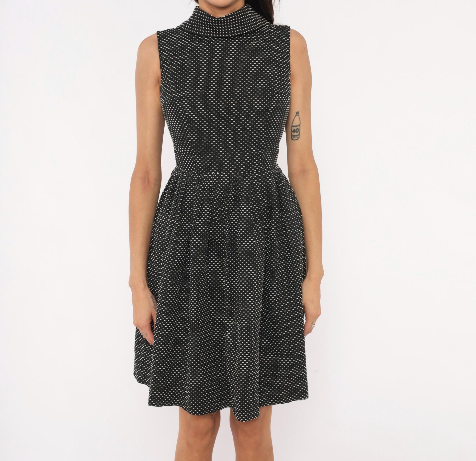 60s Mod Mini Dress Black White Polka Dot Mock Neck Fit Flare Cotton Extra Small
