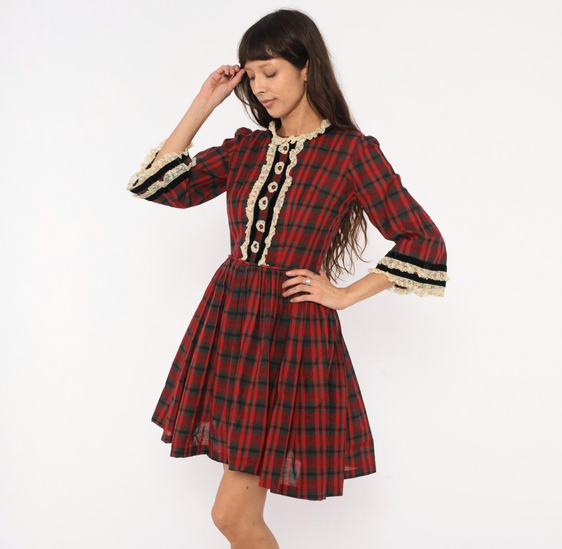 1960s Red Black Plaid Mini Dress Puff Sleeve Lace Trim Cotton Small S