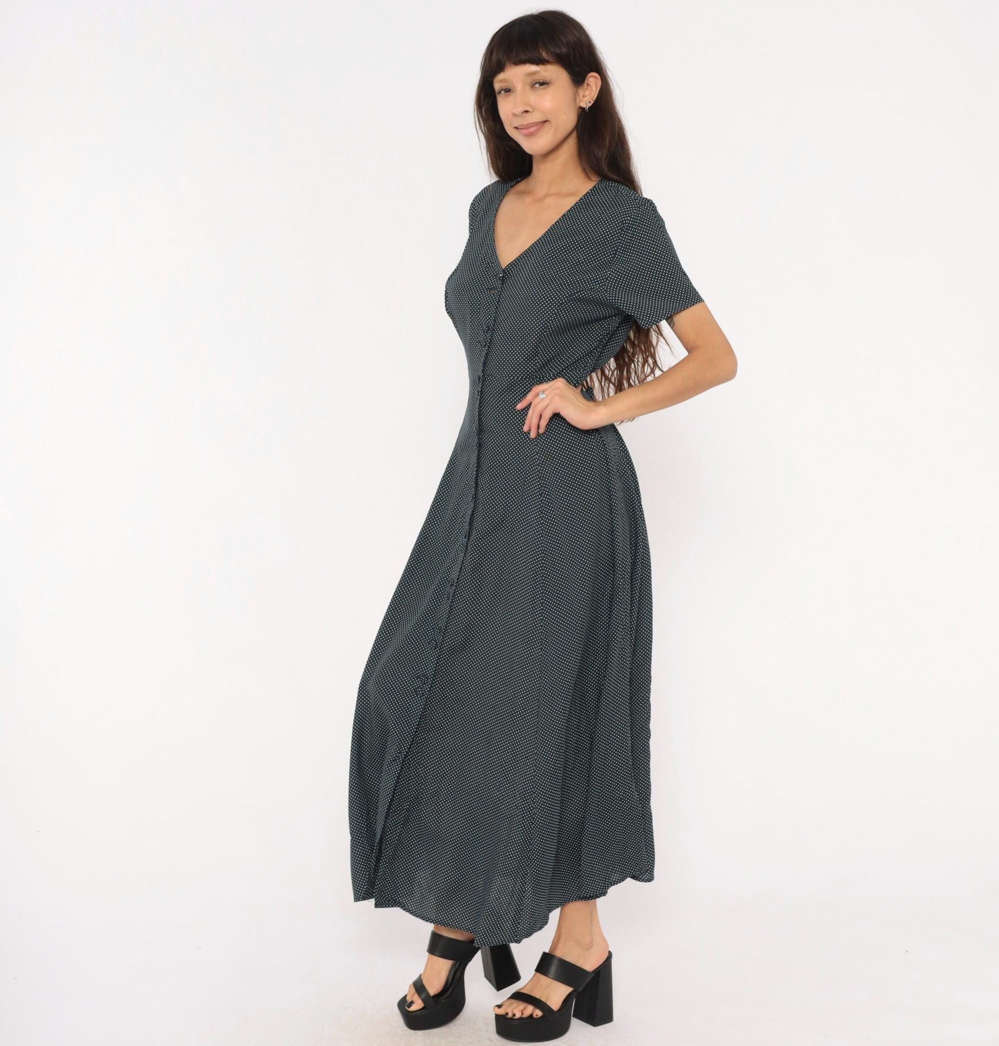 90s New York Style Navy Polka Dot Maxi Dress Button Front Flutter Sleeve Large L