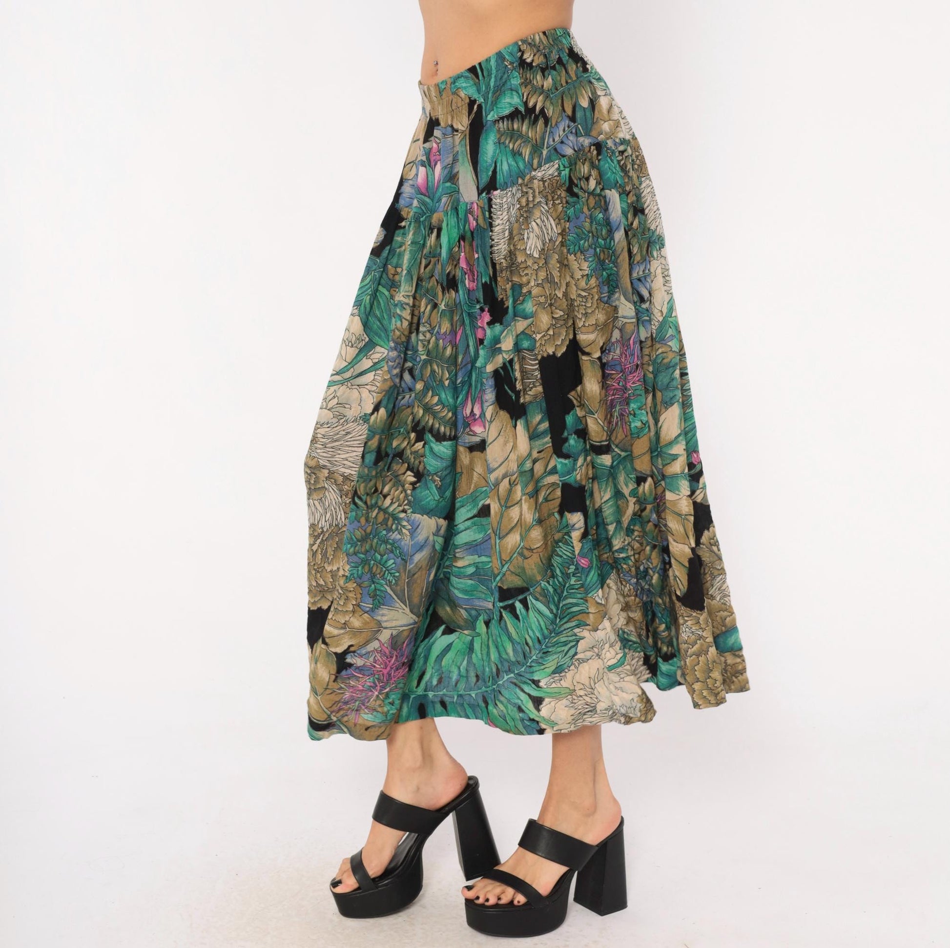 90s Karen Kane Tropical Botanical Midi Skirt Teal Olive Black Medium M