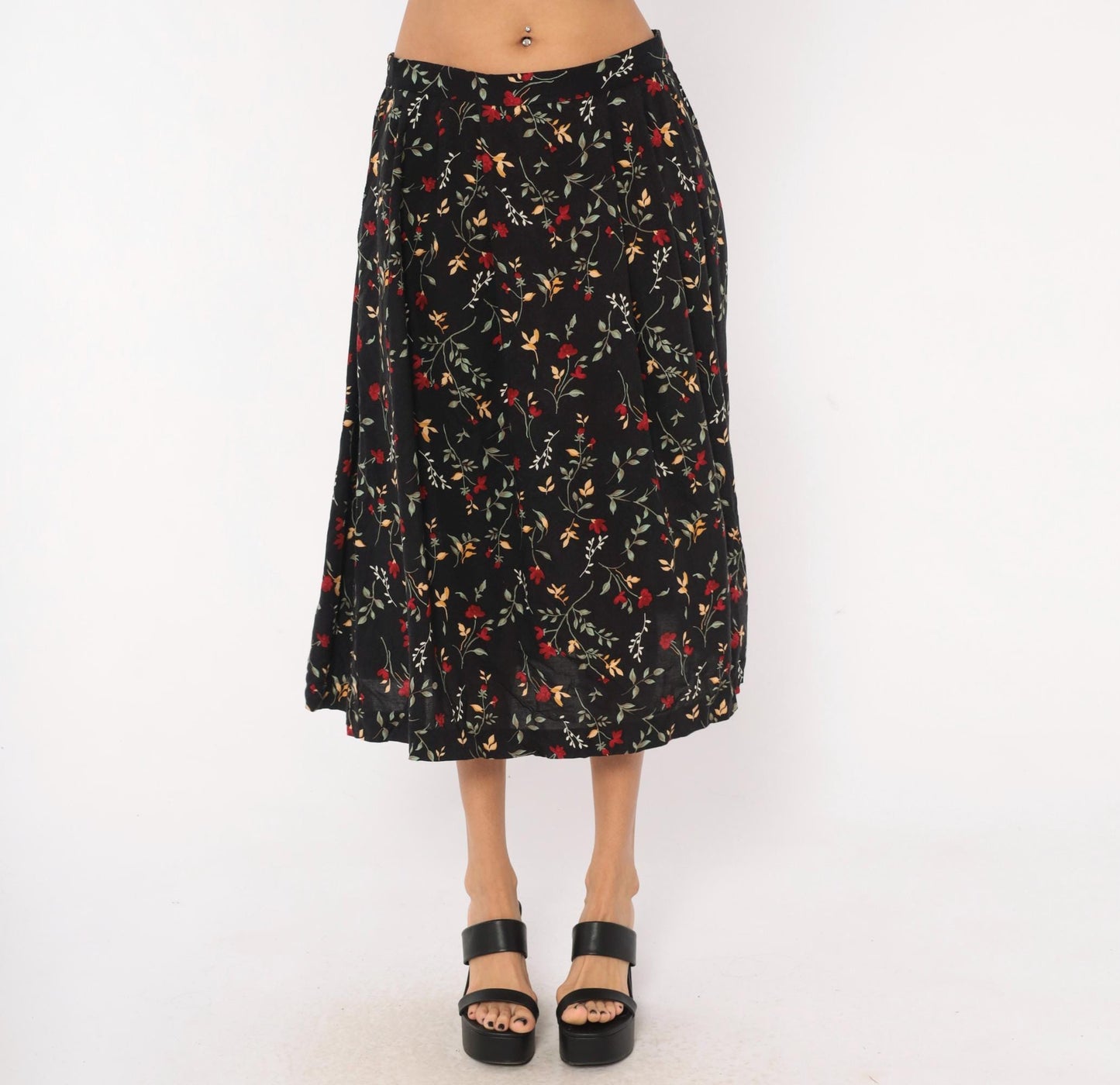 90s Appleseeds Botanical Midi Skirt Black Floral Red Green Extra Large XL
