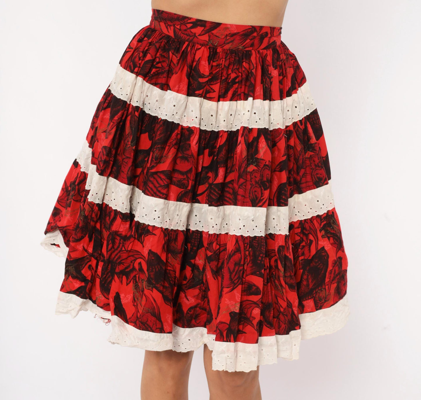 60s Fish Print Circle Skirt Red Black Eyelet Lace Cotton Extra Small