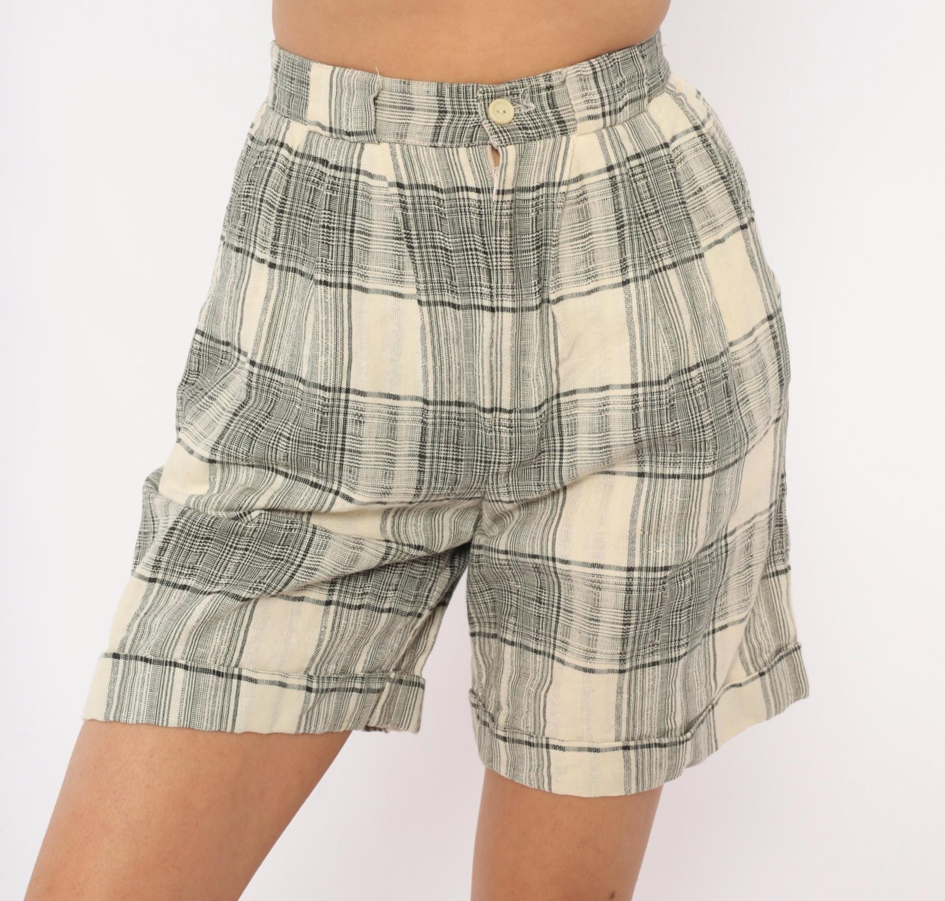 80s Fundamental Things Plaid Linen Bermuda Shorts Black Cream High Waist Pleated Extra Small