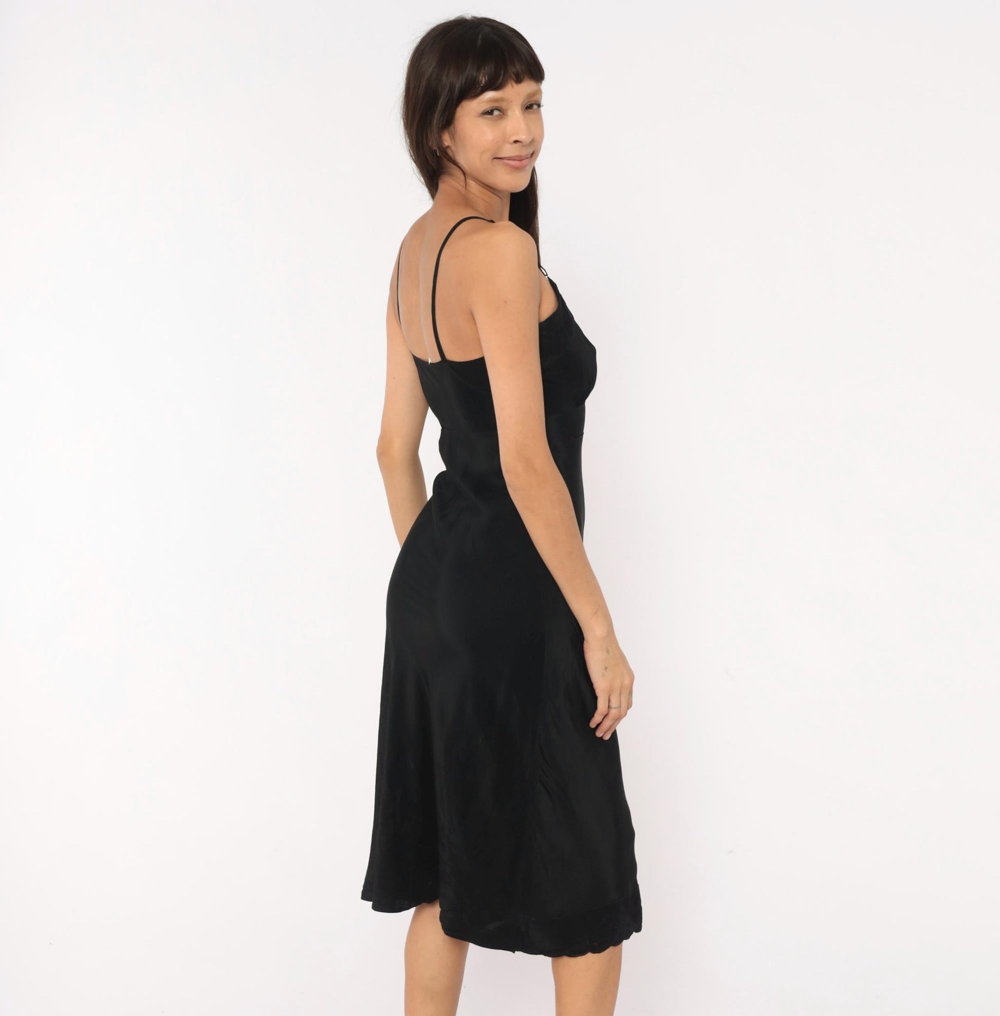 70s Black Silk Slip Dress Heart Cutout Lace Trim Spaghetti Strap Extra Small
