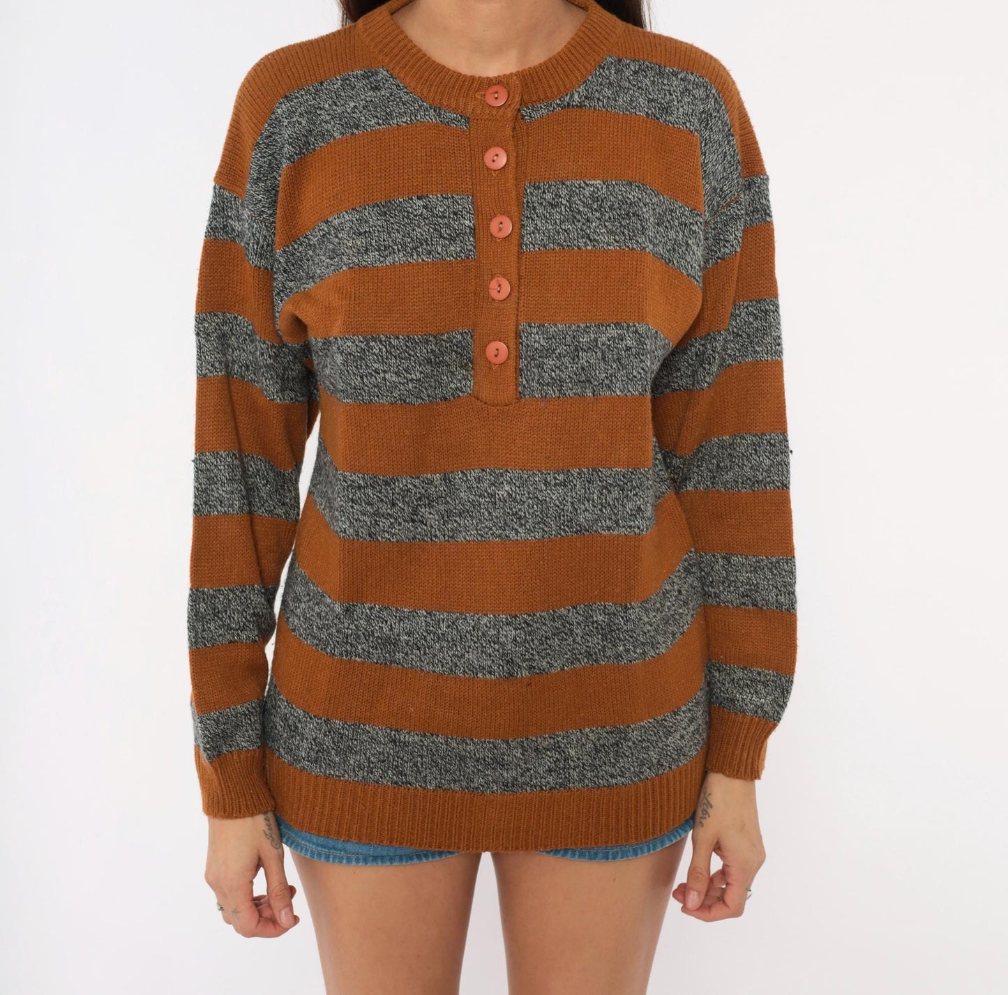 90s Amilano Striped Henley Sweater Mustard Grey Button Front Small