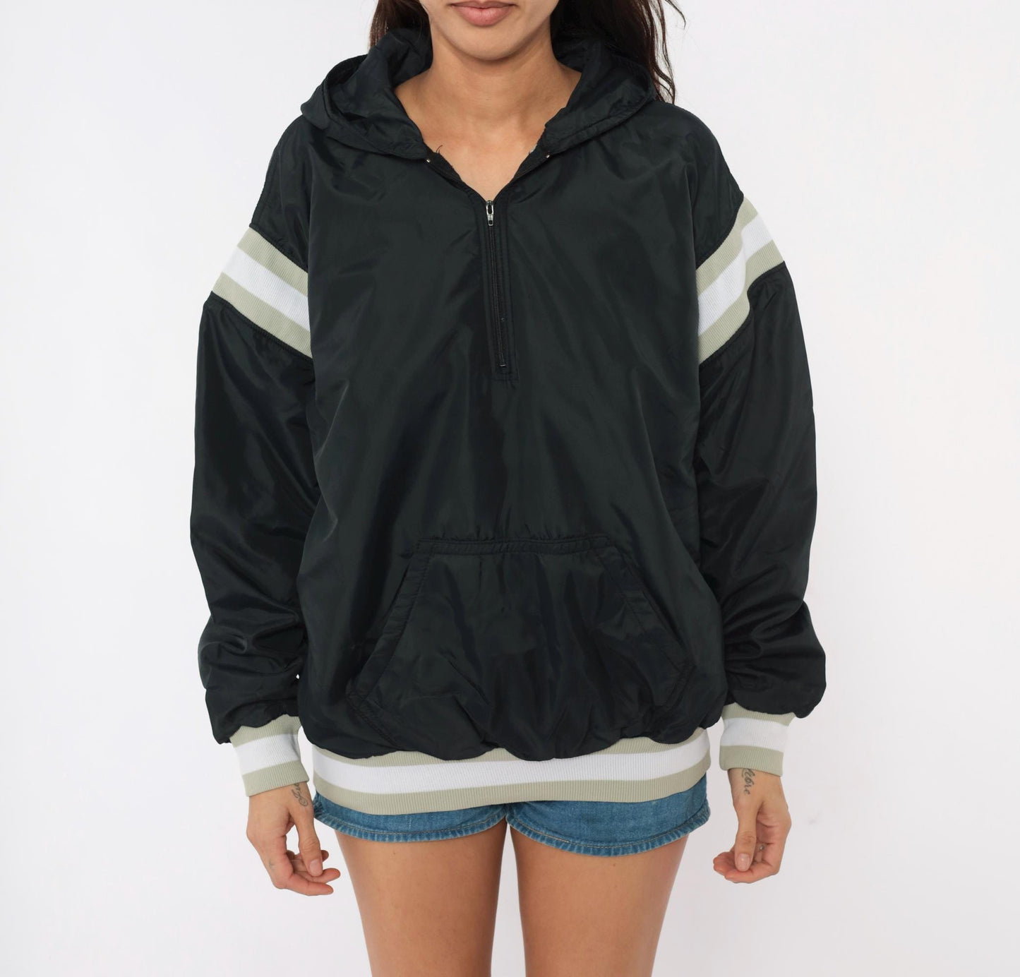 90s Russell Athletic Black Hooded Windbreaker Striped Sleeve Small
