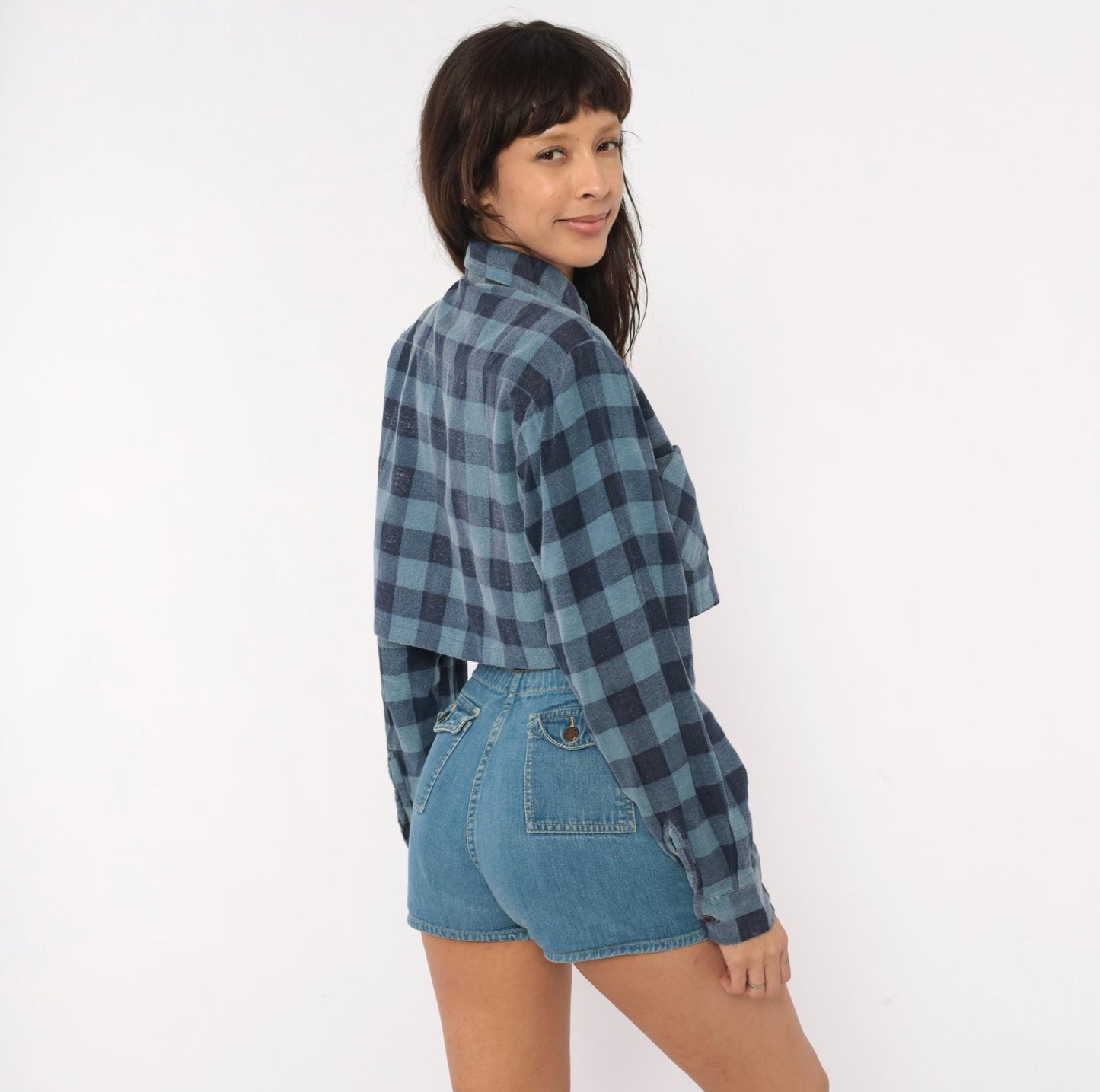 90s Dickies Buffalo Plaid Flannel Shirt Cropped Blue Navy Cotton Small