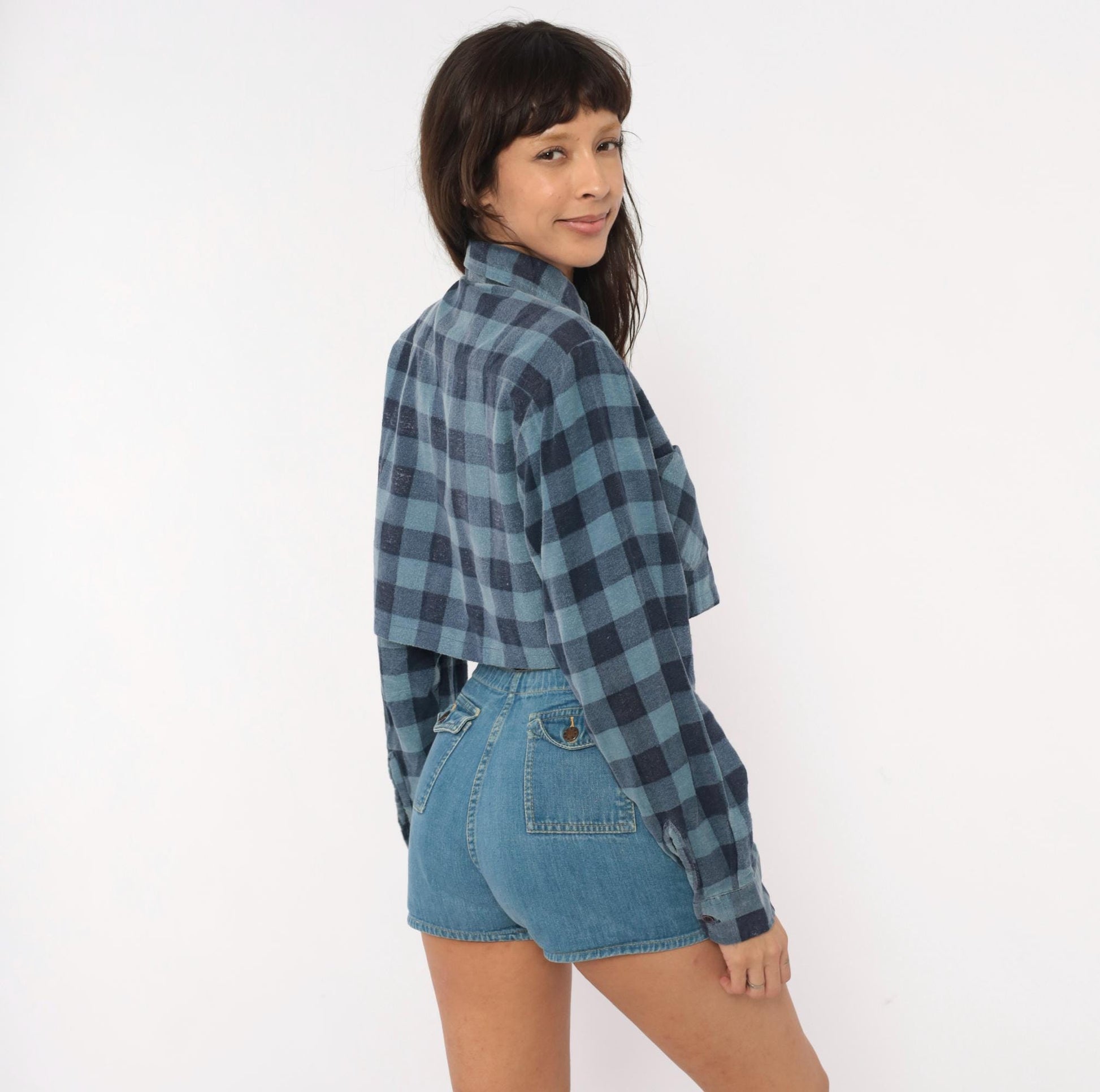 90s Dickies Buffalo Plaid Flannel Shirt Cropped Blue Navy Cotton Small