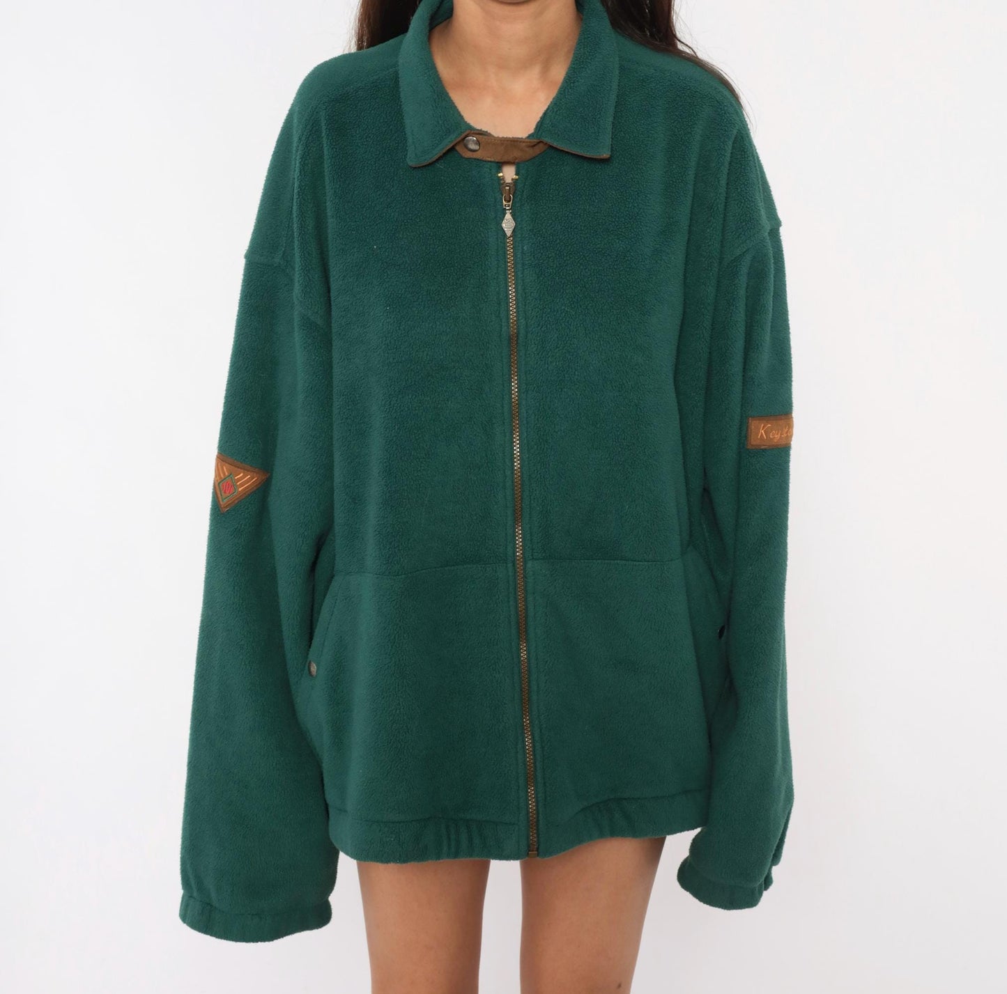 90s Keystone Forest Green Full Zip Fleece Jacket Brown Leather Trim Large L