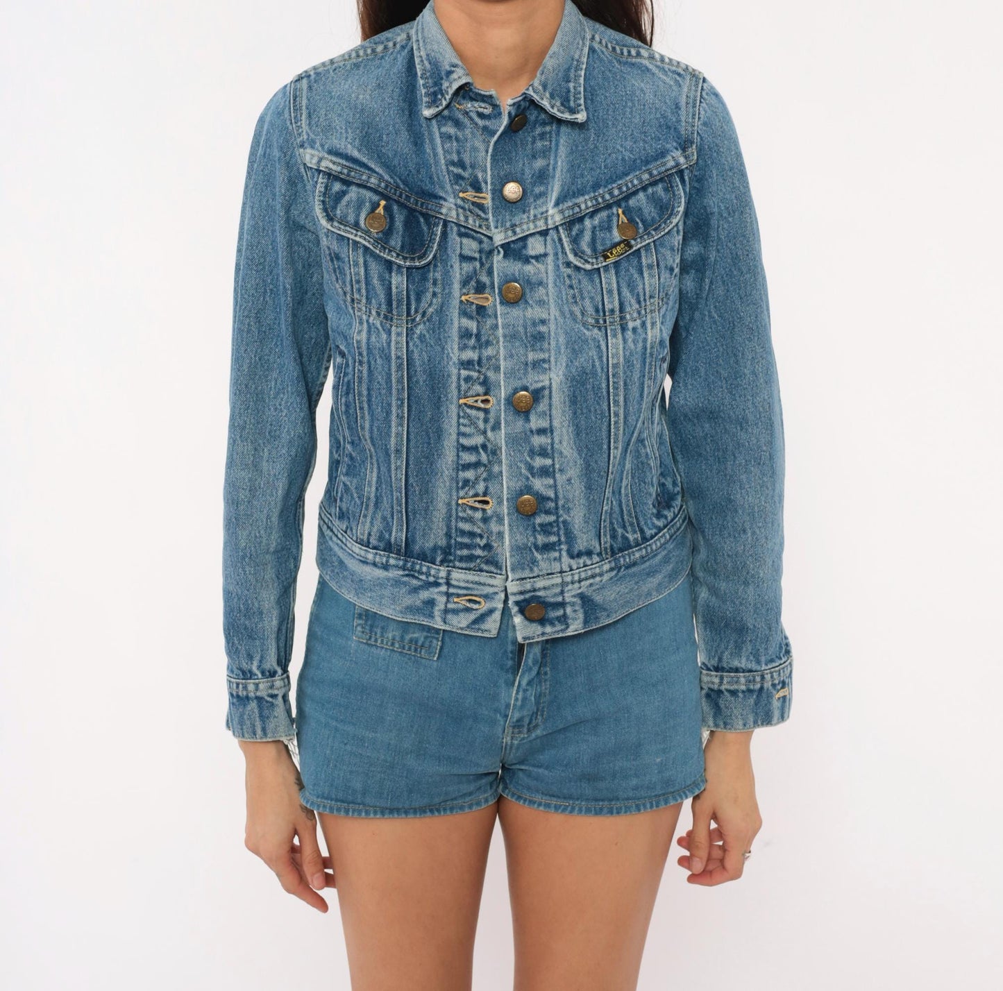 80s Ms Lee Denim Jacket Blue Cropped Trucker Pointed Collar Extra Small XS