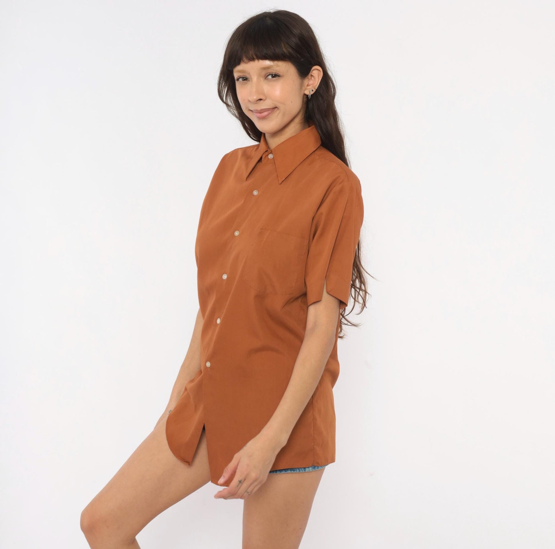 70s Fleetline Rust Button-Up Shirt Pointed Collar Short Sleeve Small