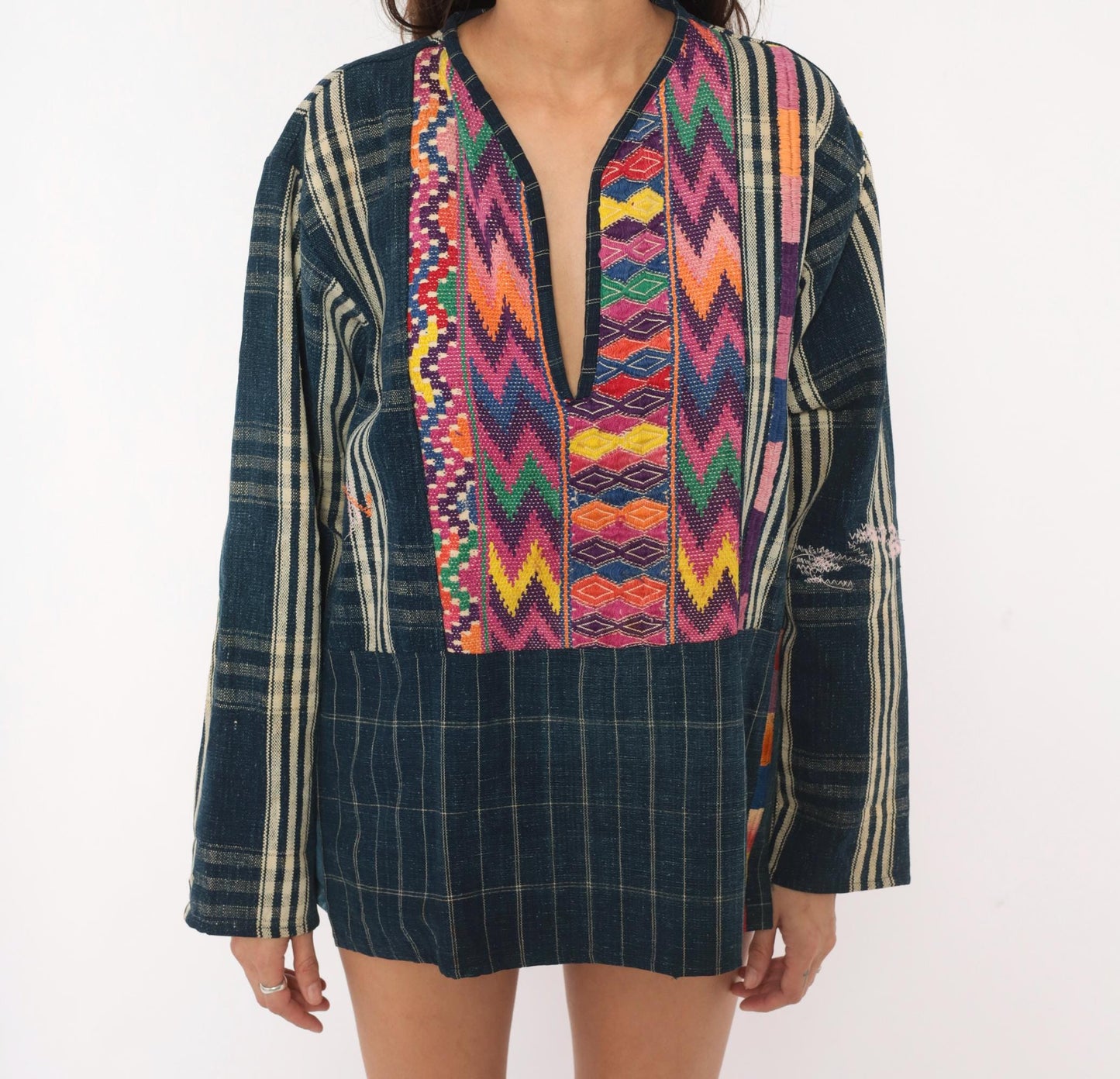 90s Guatemalan Huipil Handwoven Cotton Tunic Indigo Embroidered Medium M